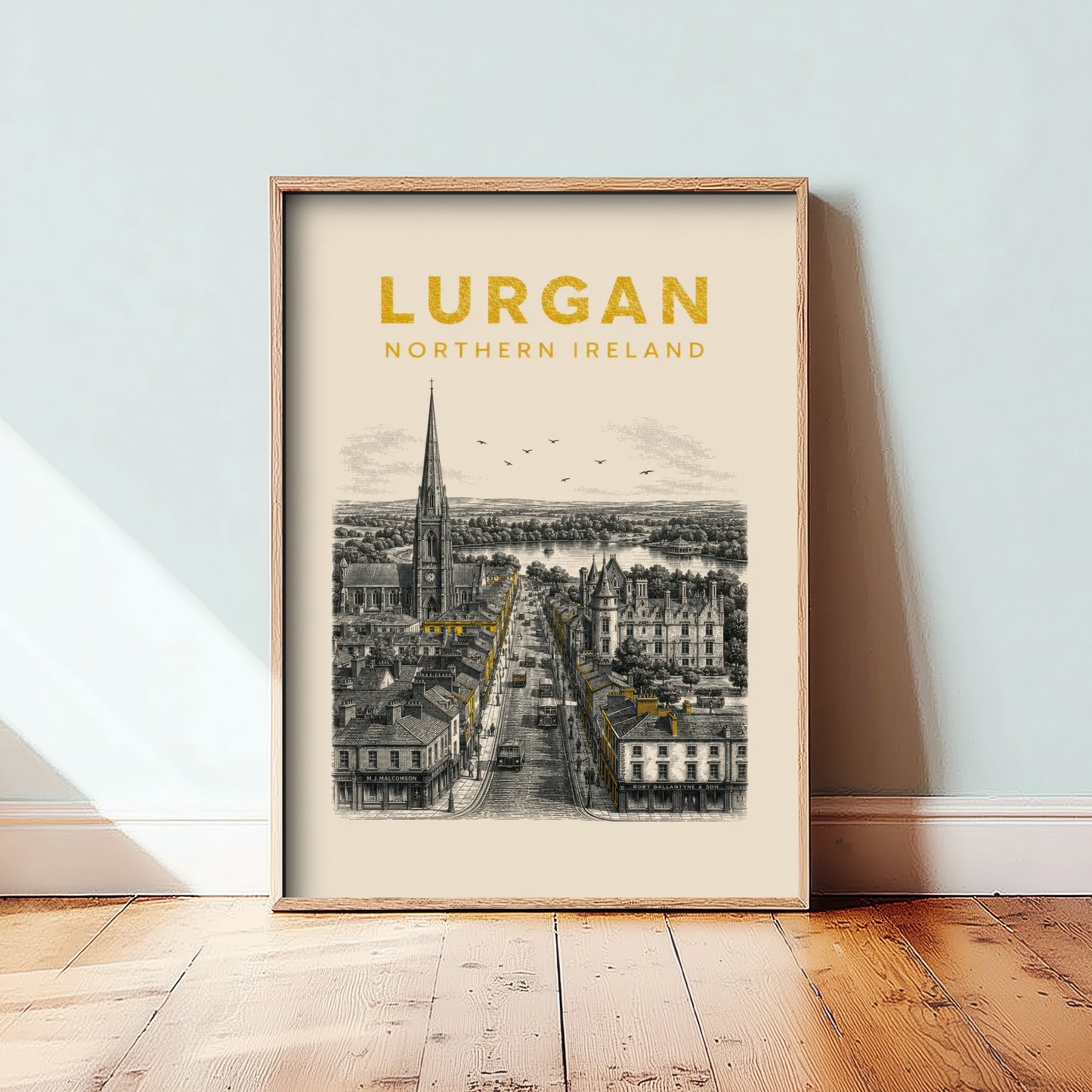 Lurgan Northern Ireland Travel Poster - Vintage Duotone Art Print - Engraved City Illustration - Spire and Main Street 3/3