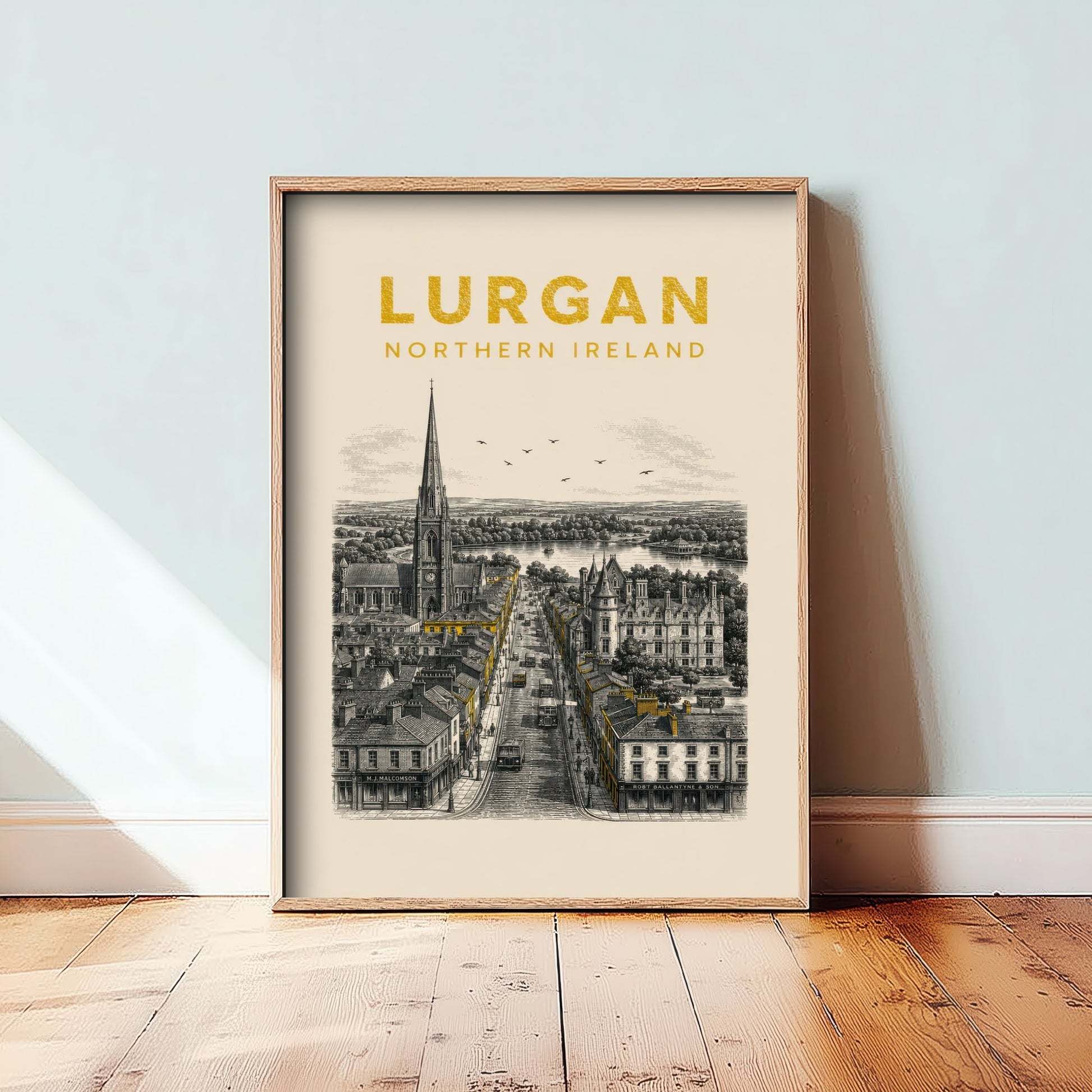 Lurgan Northern Ireland Travel Poster - Vintage Duotone Art Print - Engraved City Illustration - Spire and Main Street 3/3