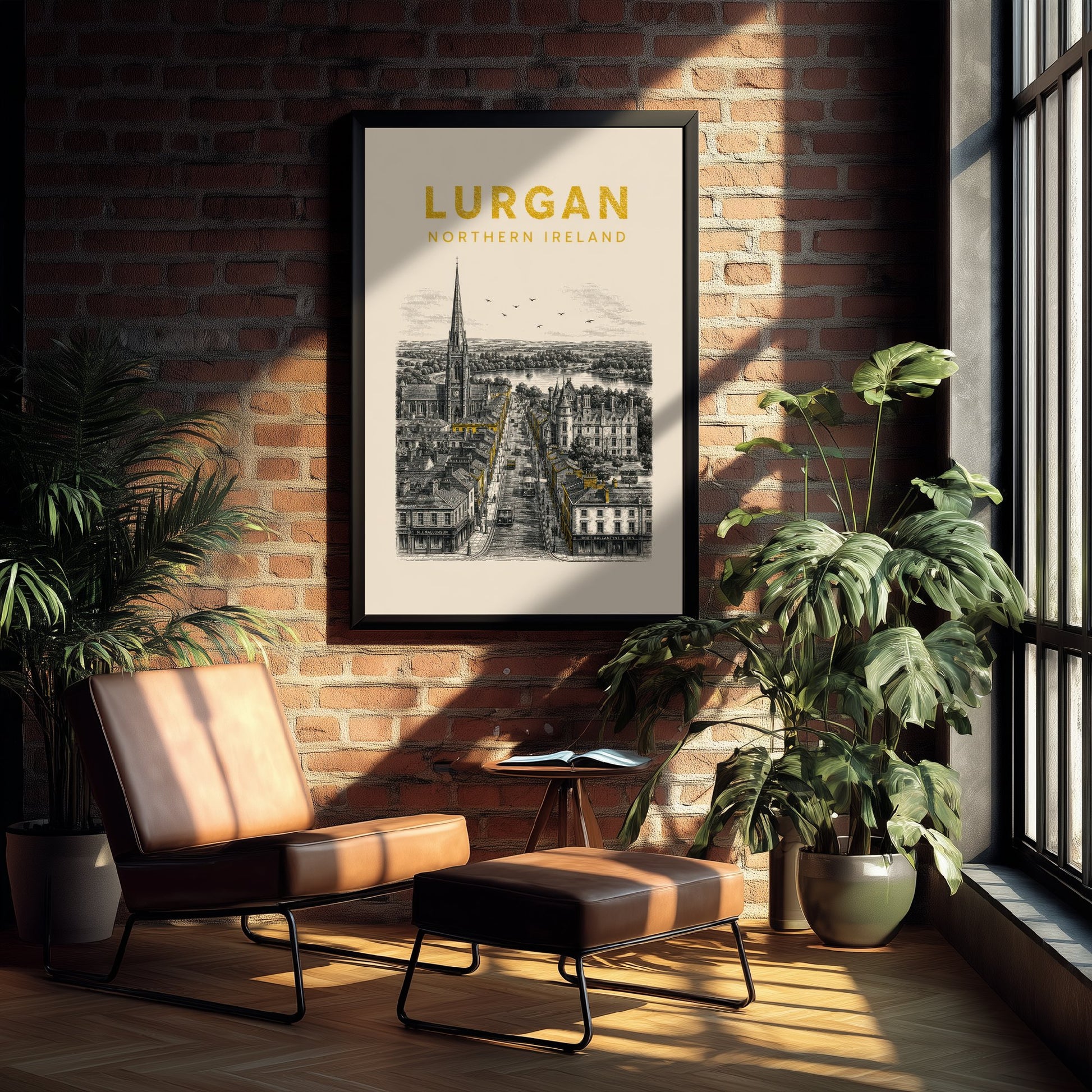 Lurgan Northern Ireland Travel Poster - Vintage Duotone Art Print - Engraved City Illustration - Spire and Main Street 3/3