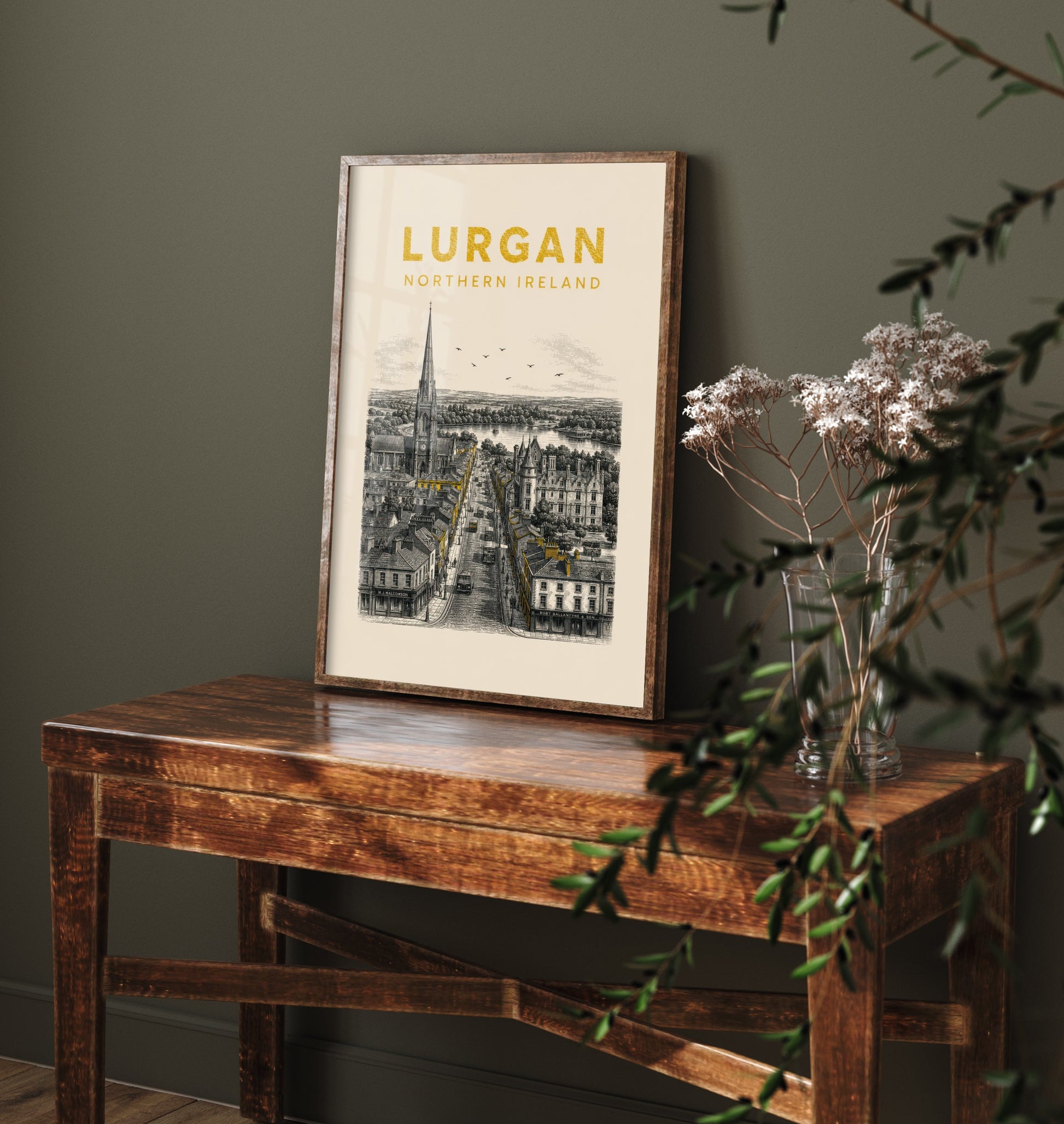 Lurgan Northern Ireland Travel Poster - Vintage Duotone Art Print - Engraved City Illustration - Spire and Main Street 3/3
