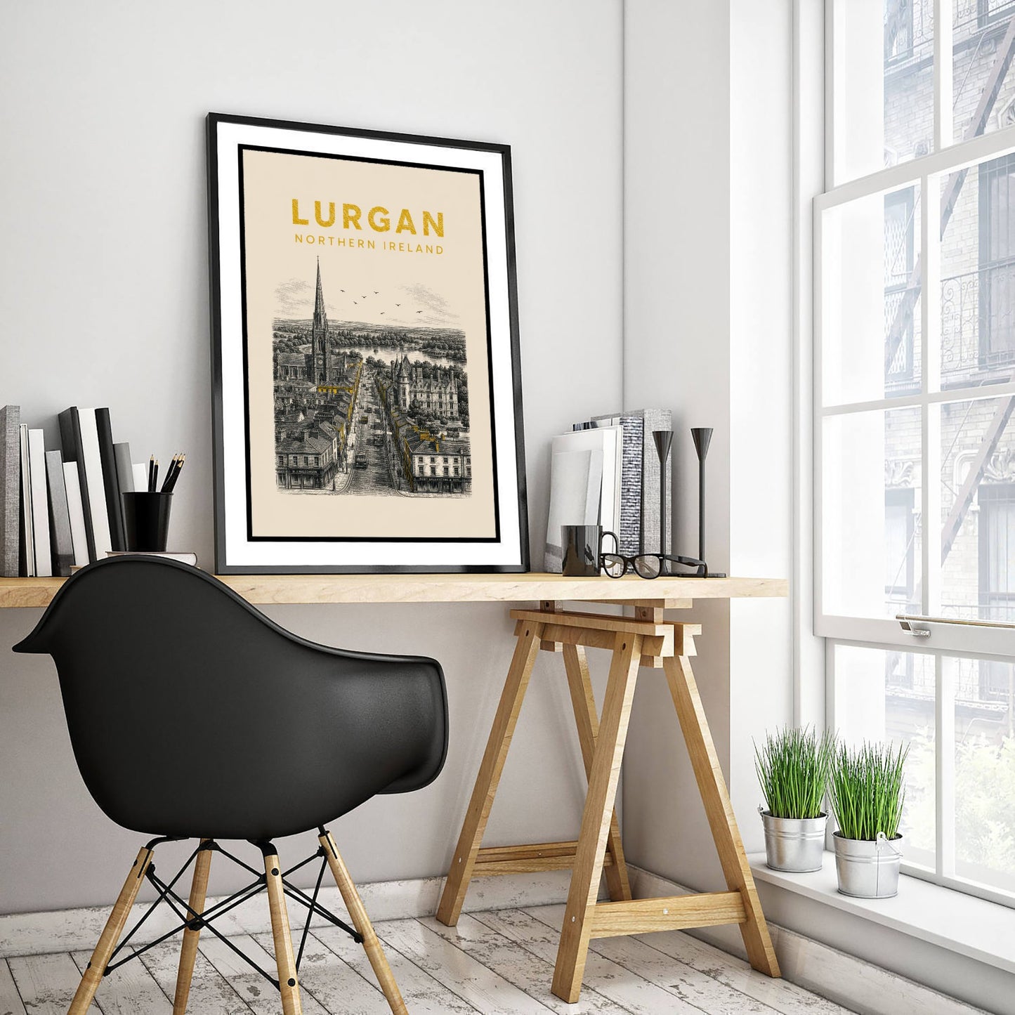 Lurgan Northern Ireland Travel Poster - Vintage Duotone Art Print - Engraved City Illustration - Spire and Main Street 3/3