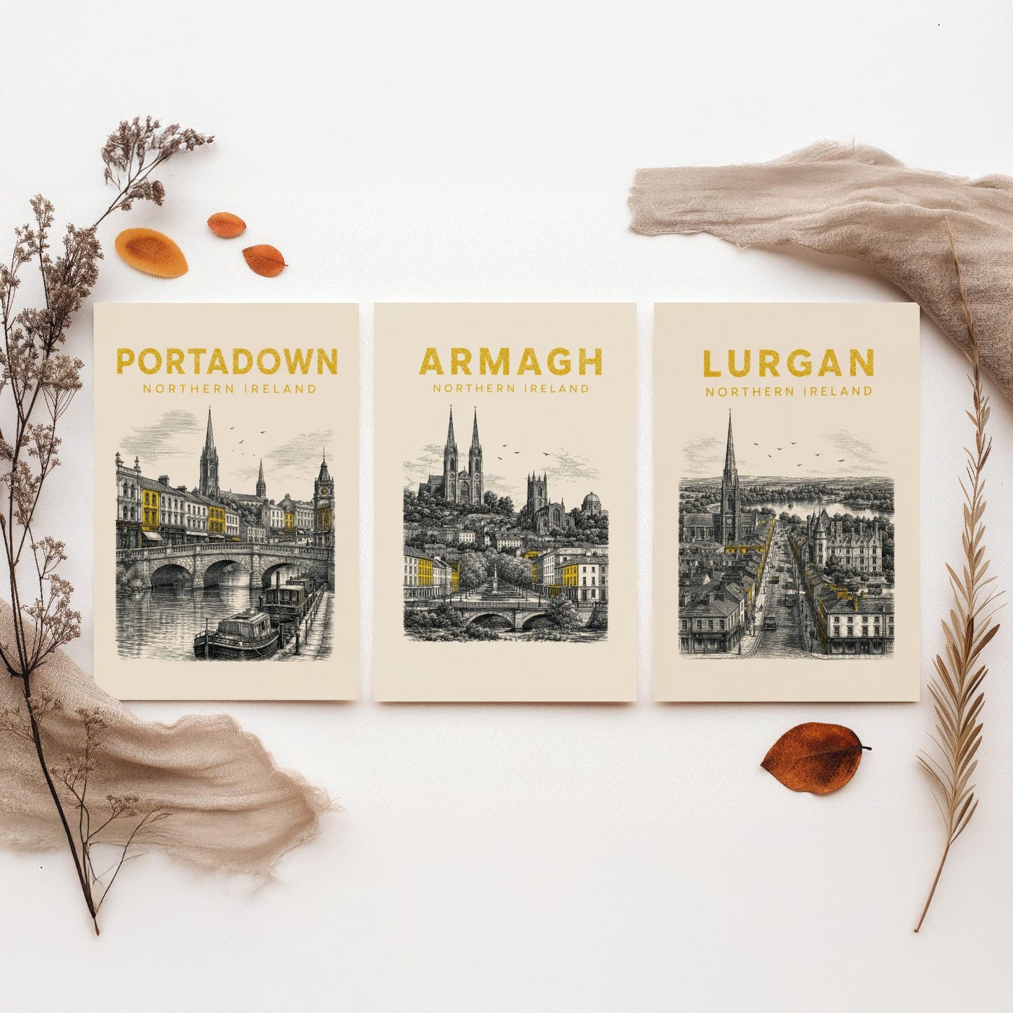 Set of Three Armagh Travel Posters - Portadown, Armagh, Lurgan - Vintage Duotone Art Prints - Northern Ireland Illustration Gift