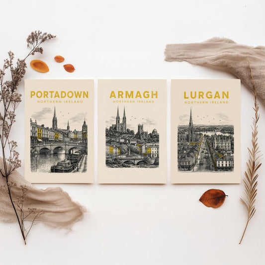 Set of Three Armagh Travel Posters - Portadown, Armagh, Lurgan - Vintage Duotone Art Prints - Northern Ireland Illustration Gift