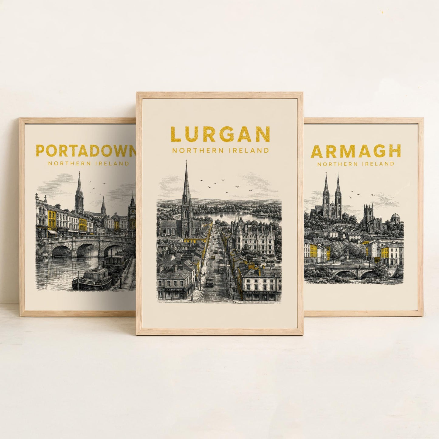 Set of Three Armagh Travel Posters - Portadown, Armagh, Lurgan - Vintage Duotone Art Prints - Northern Ireland Illustration Gift