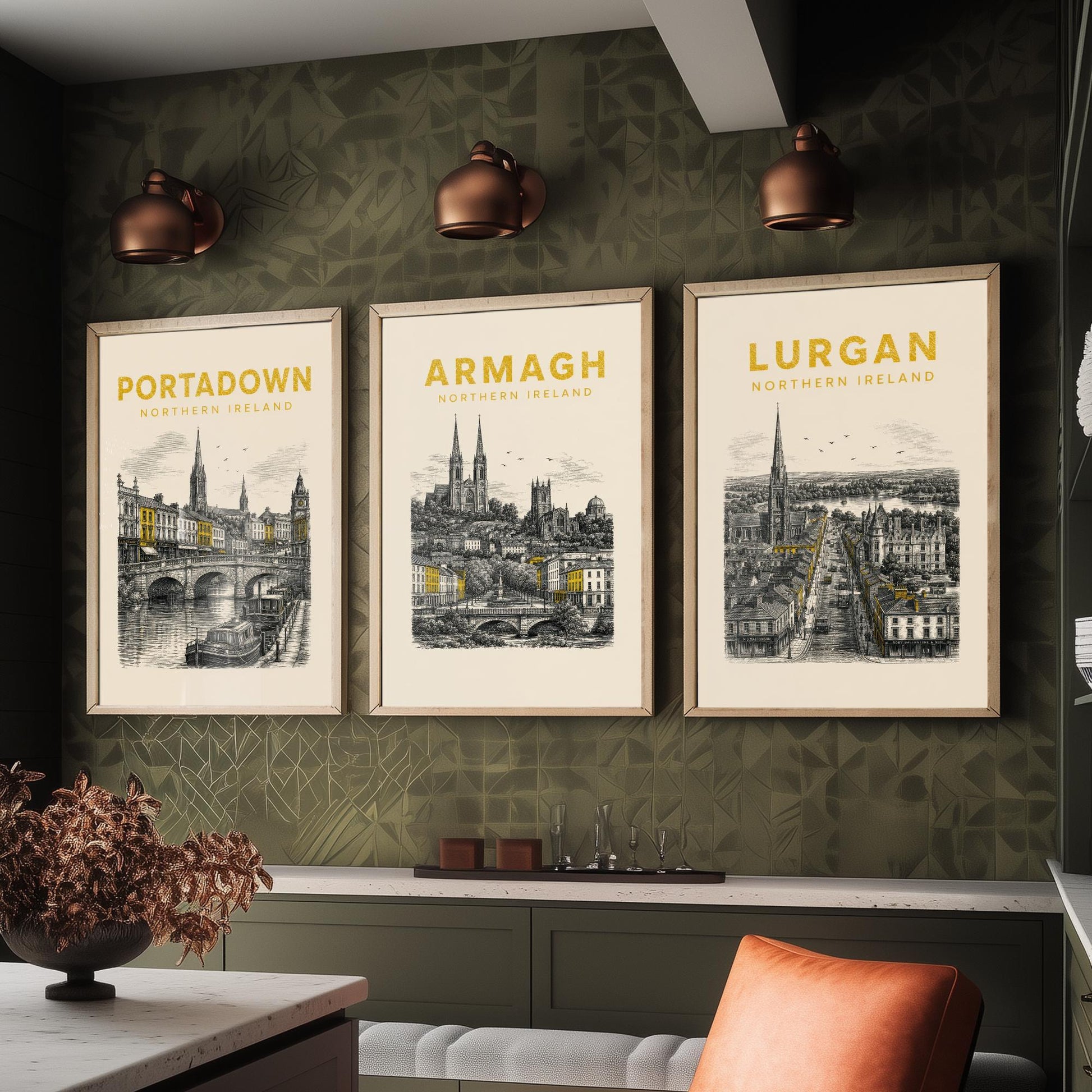 Set of Three Armagh Travel Posters - Portadown, Armagh, Lurgan - Vintage Duotone Art Prints - Northern Ireland Illustration Gift