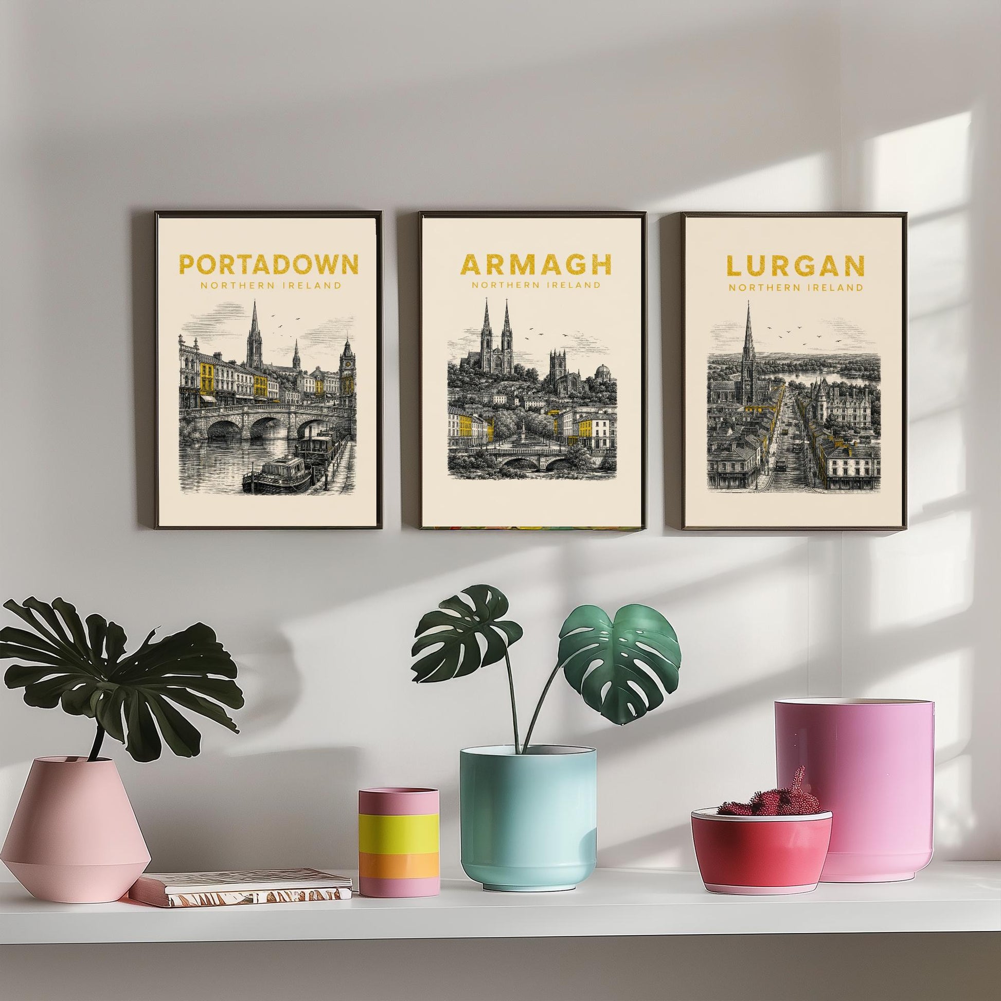 Set of Three Armagh Travel Posters - Portadown, Armagh, Lurgan - Vintage Duotone Art Prints - Northern Ireland Illustration Gift