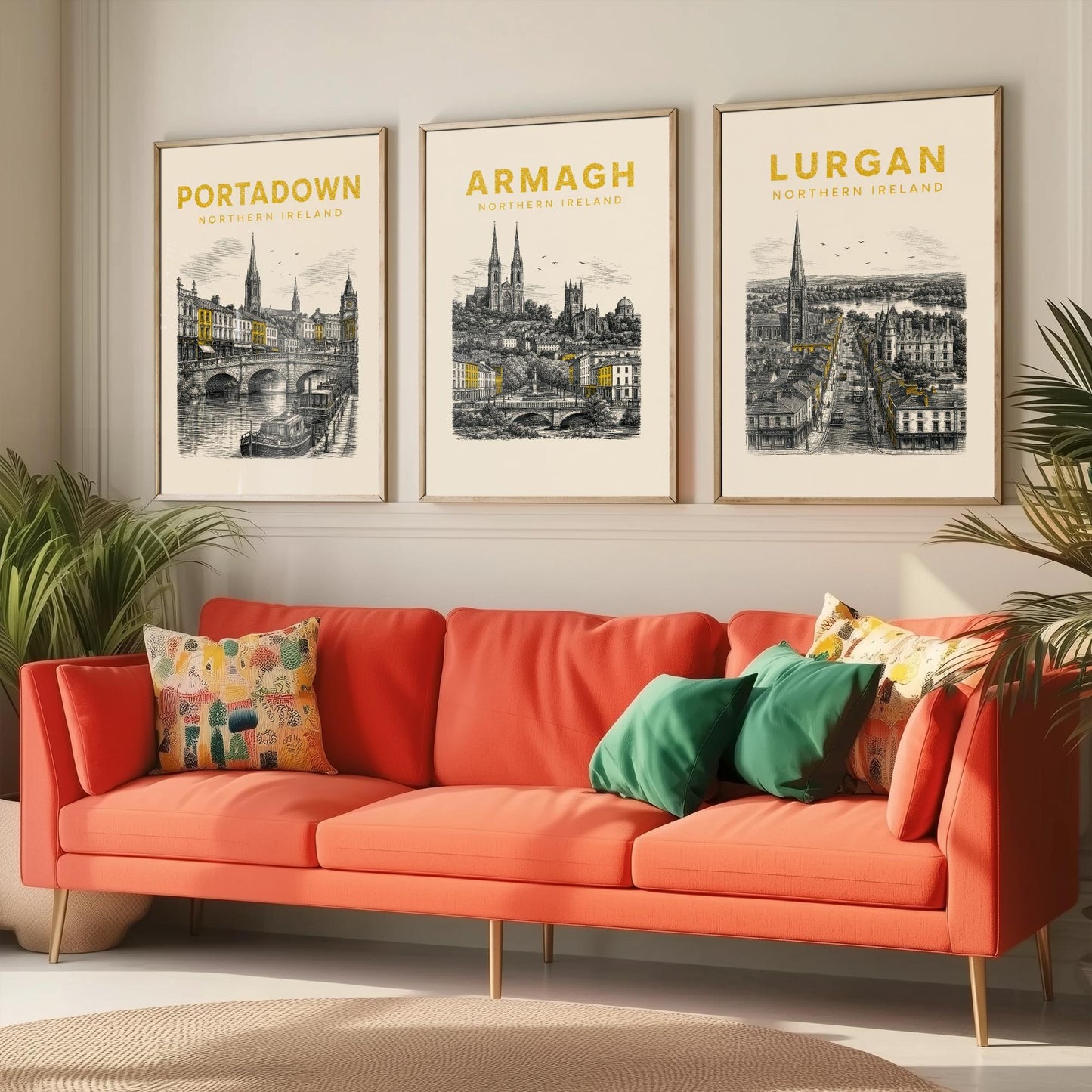 Set of Three Armagh Travel Posters - Portadown, Armagh, Lurgan - Vintage Duotone Art Prints - Northern Ireland Illustration Gift