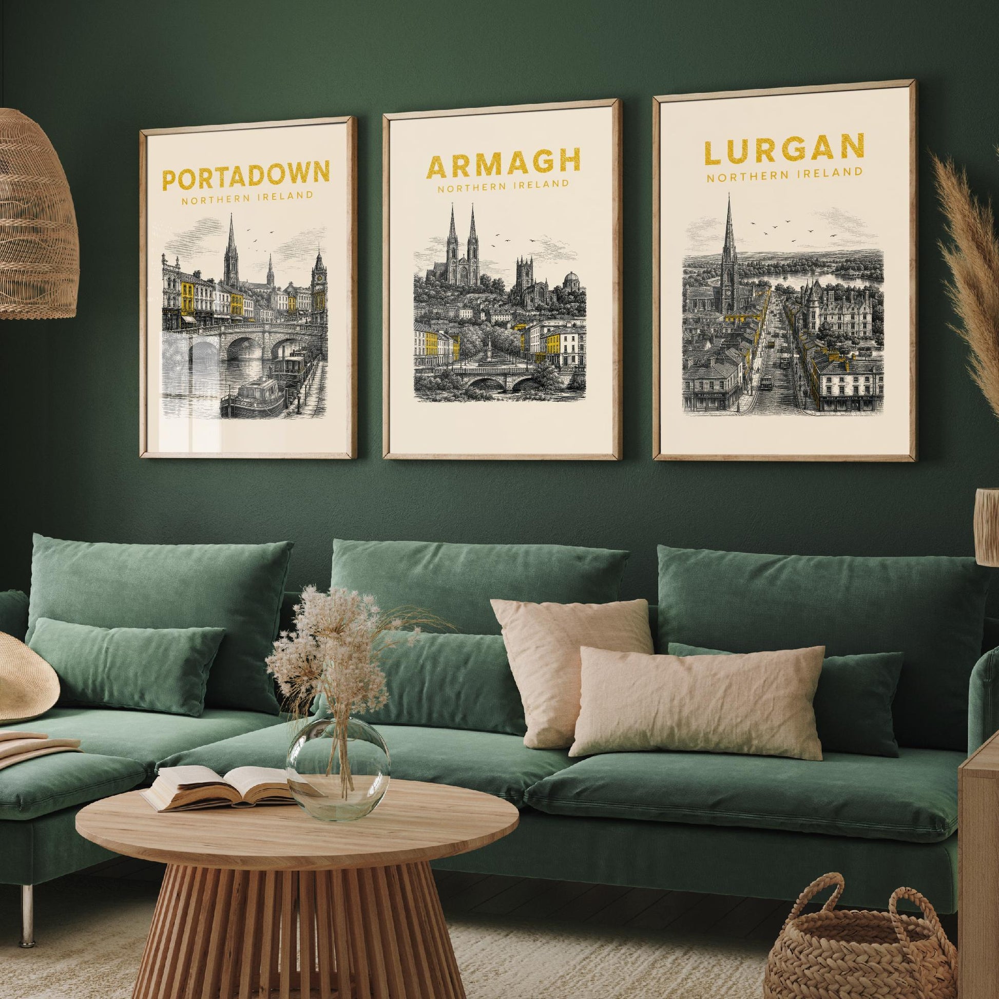 Set of Three Armagh Travel Posters - Portadown, Armagh, Lurgan - Vintage Duotone Art Prints - Northern Ireland Illustration Gift