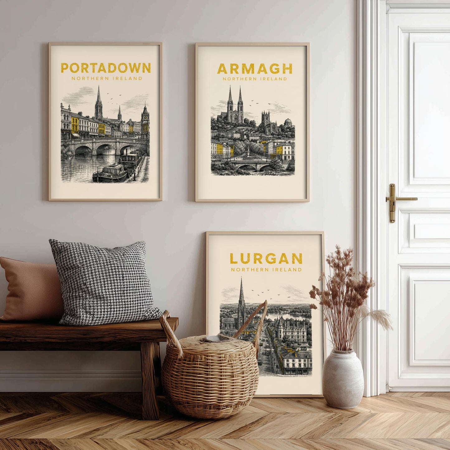 Set of Three Armagh Travel Posters - Portadown, Armagh, Lurgan - Vintage Duotone Art Prints - Northern Ireland Illustration Gift