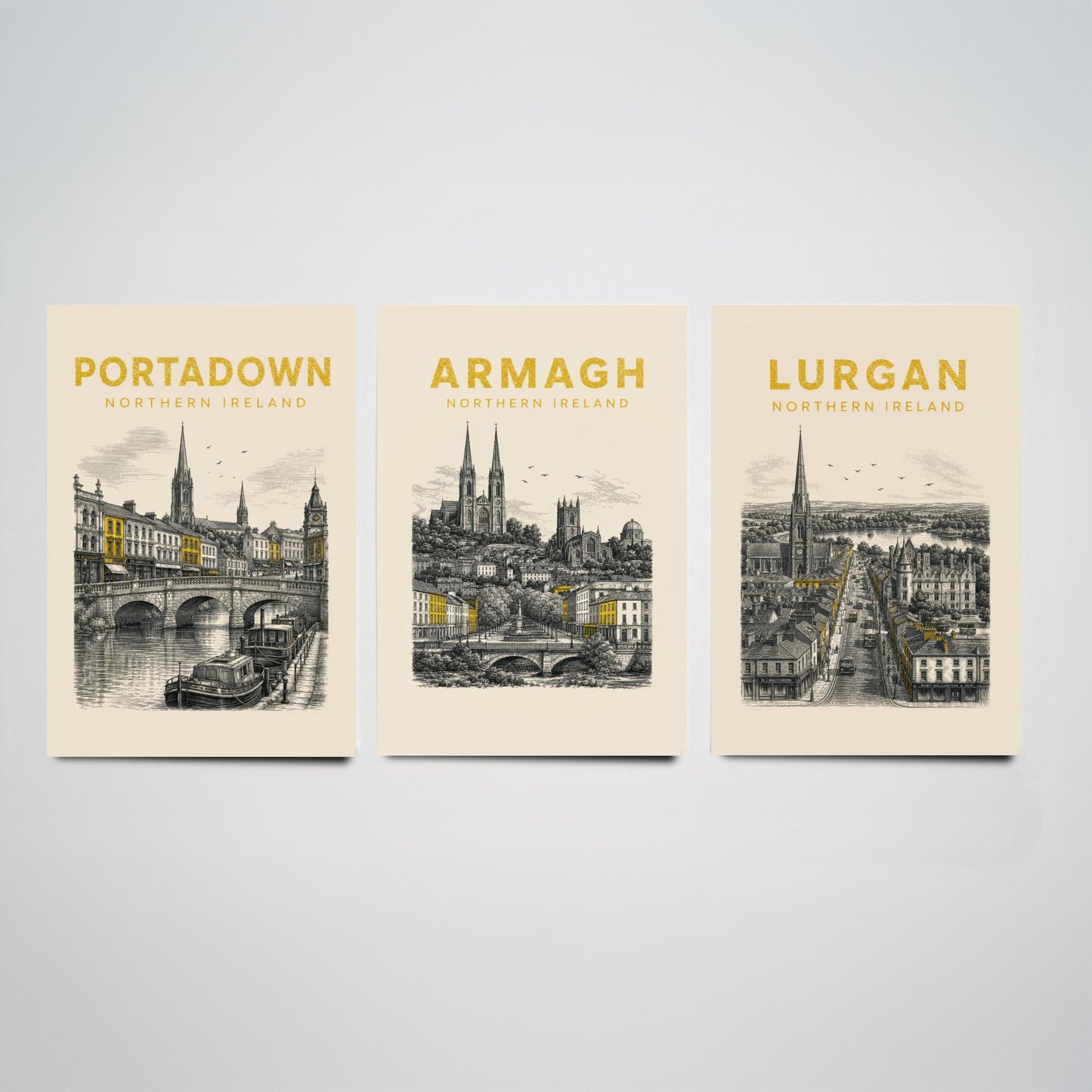 Set of Three Armagh Travel Posters - Portadown, Armagh, Lurgan - Vintage Duotone Art Prints - Northern Ireland Illustration Gift