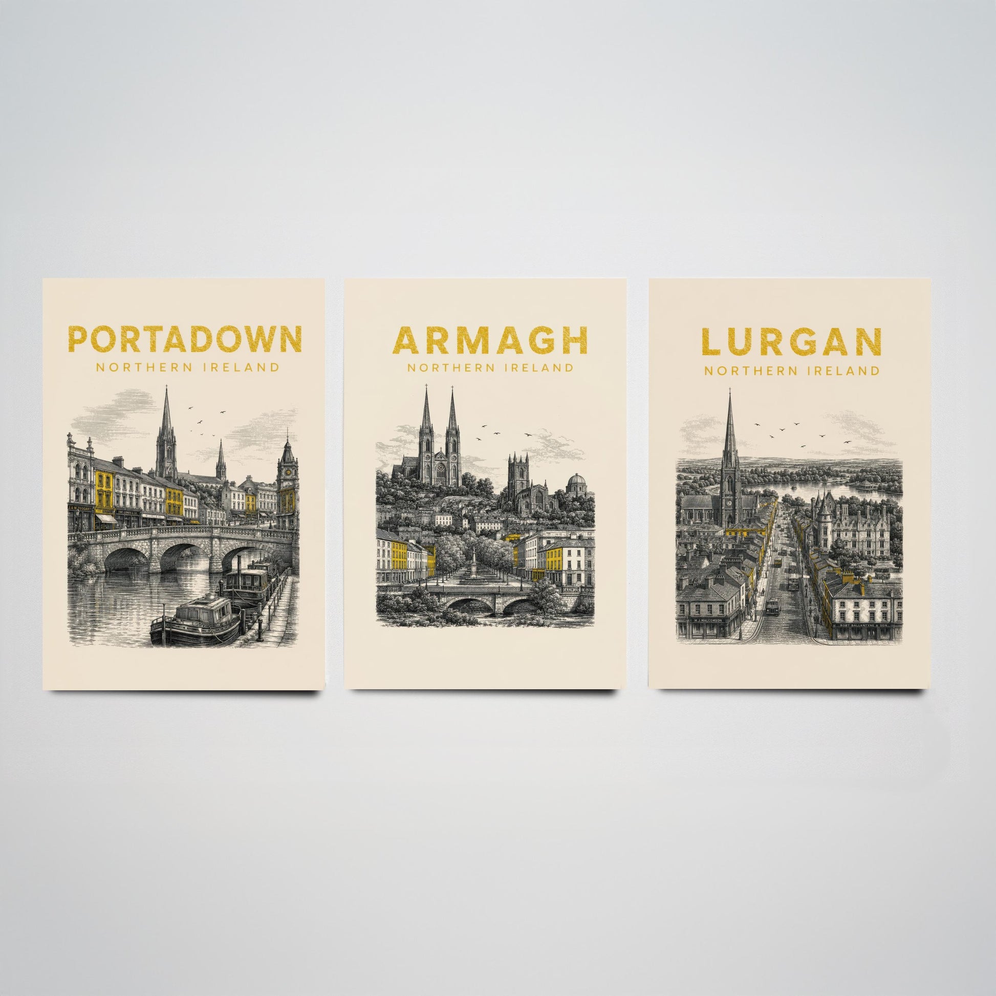 Set of Three Armagh Travel Posters - Portadown, Armagh, Lurgan - Vintage Duotone Art Prints - Northern Ireland Illustration Gift