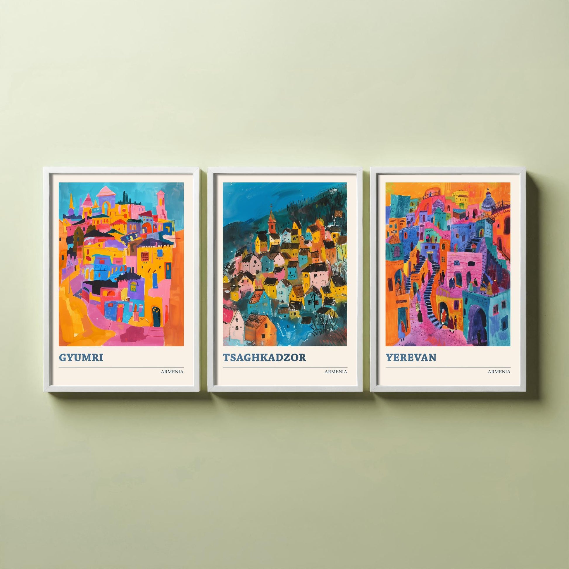 Armenia Set of Three Prints | Gyumri Tsaghkadzor Yerevan | Colourful Folk Art City Painting Posters - Caucasus Travel Wall Art