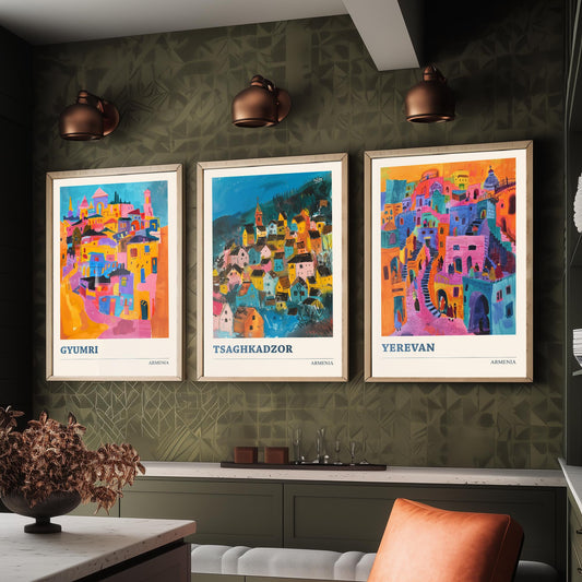 Armenia Set of Three Prints | Gyumri Tsaghkadzor Yerevan | Colourful Folk Art City Painting Posters - Caucasus Travel Wall Art