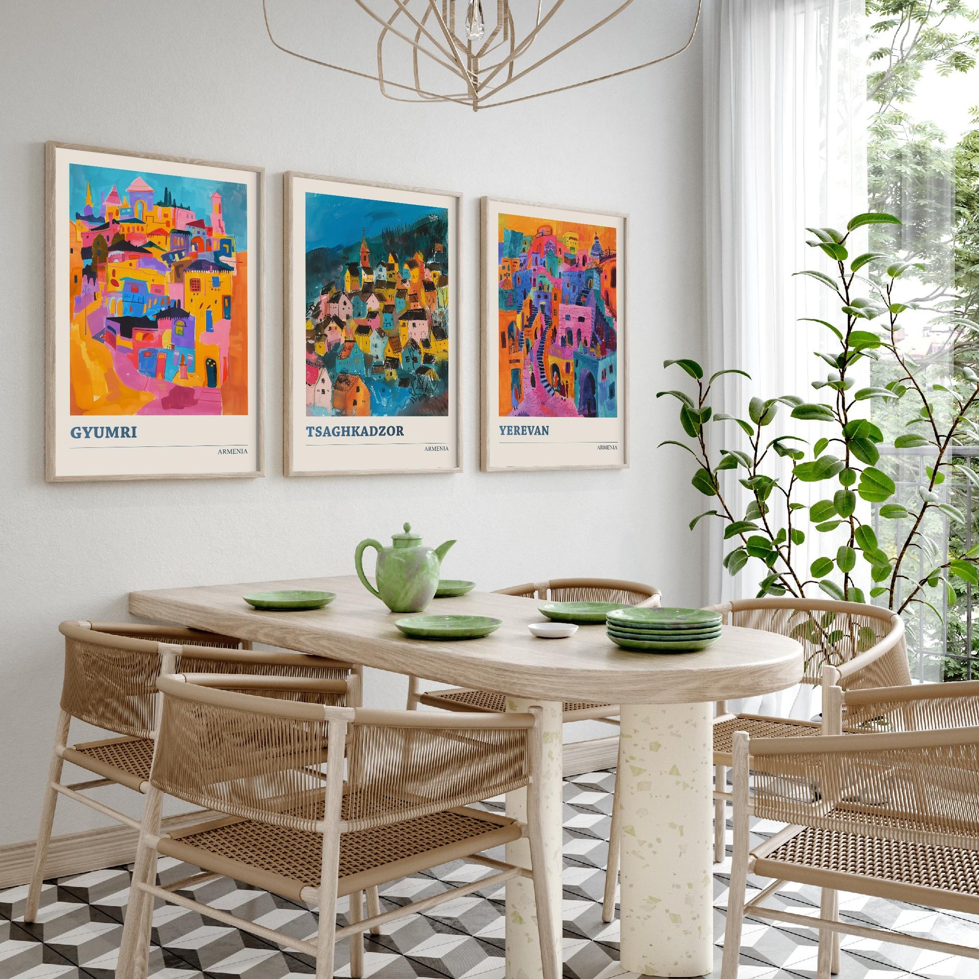 Armenia Set of Three Prints | Gyumri Tsaghkadzor Yerevan | Colourful Folk Art City Painting Posters - Caucasus Travel Wall Art