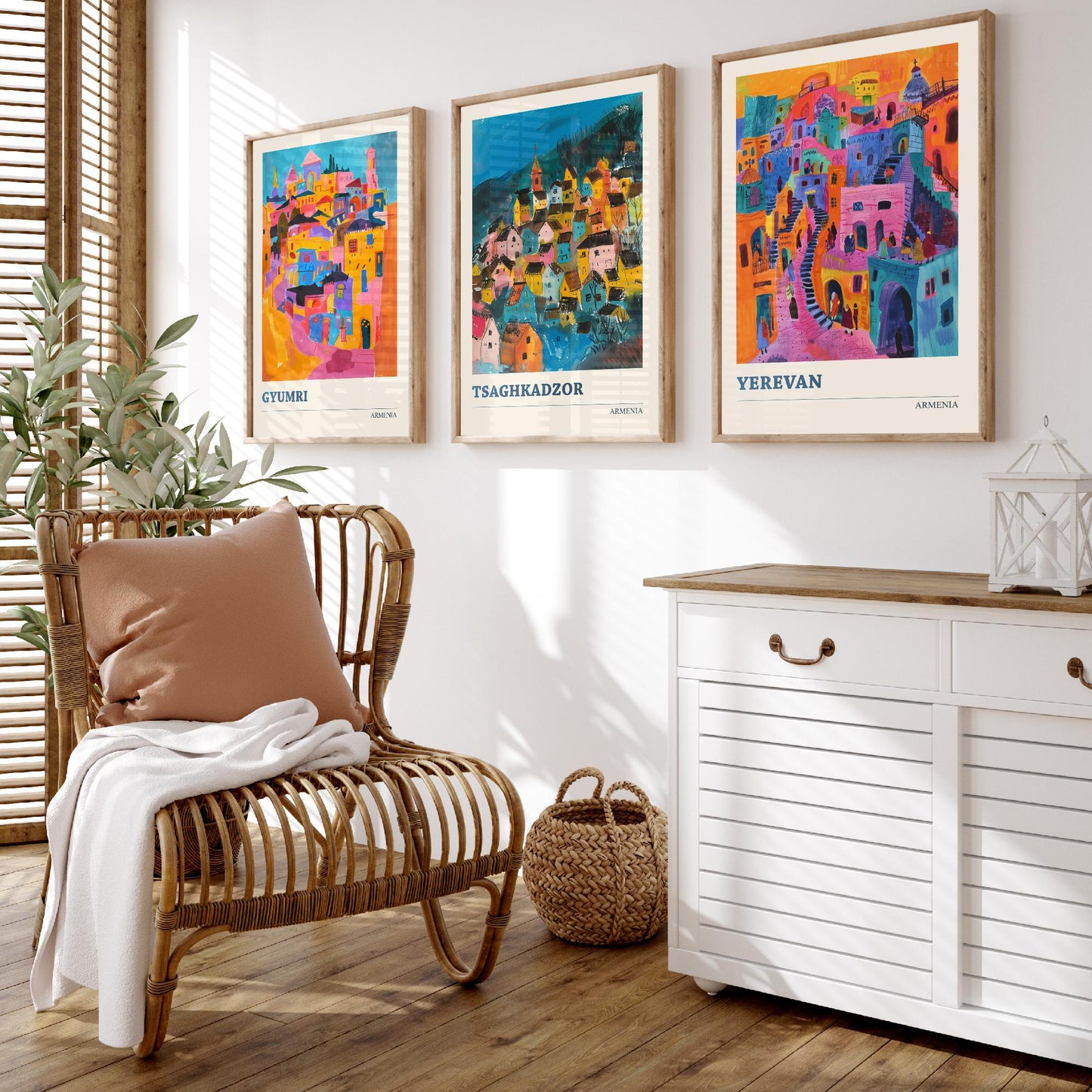 Armenia Set of Three Prints | Gyumri Tsaghkadzor Yerevan | Colourful Folk Art City Painting Posters - Caucasus Travel Wall Art