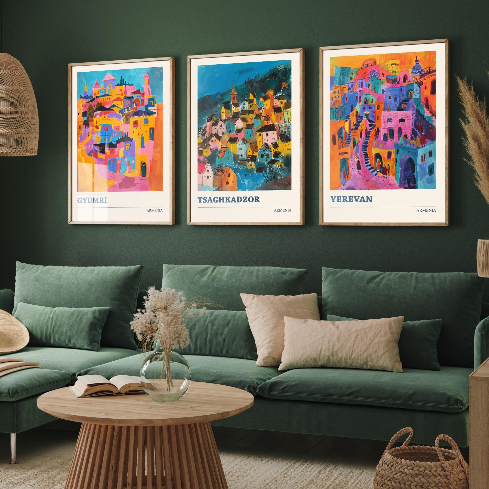 Armenia Set of Three Prints | Gyumri Tsaghkadzor Yerevan | Colourful Folk Art City Painting Posters - Caucasus Travel Wall Art
