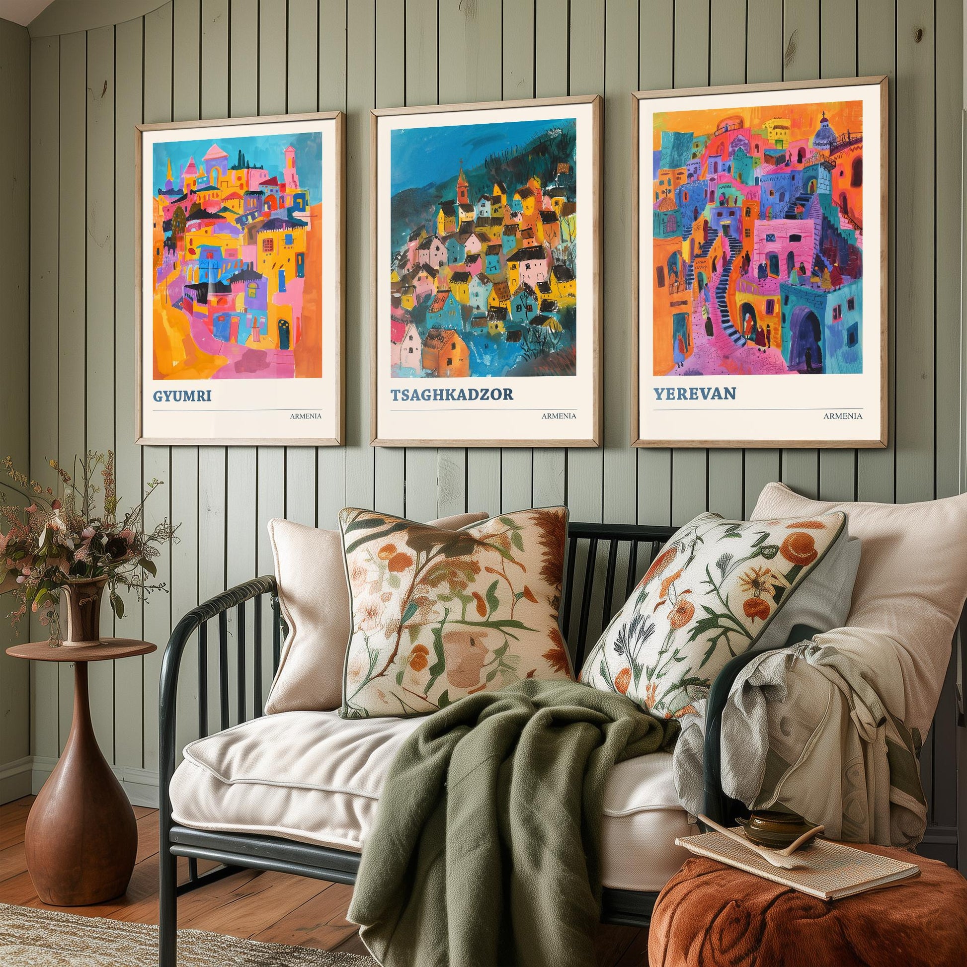 Armenia Set of Three Prints | Gyumri Tsaghkadzor Yerevan | Colourful Folk Art City Painting Posters - Caucasus Travel Wall Art