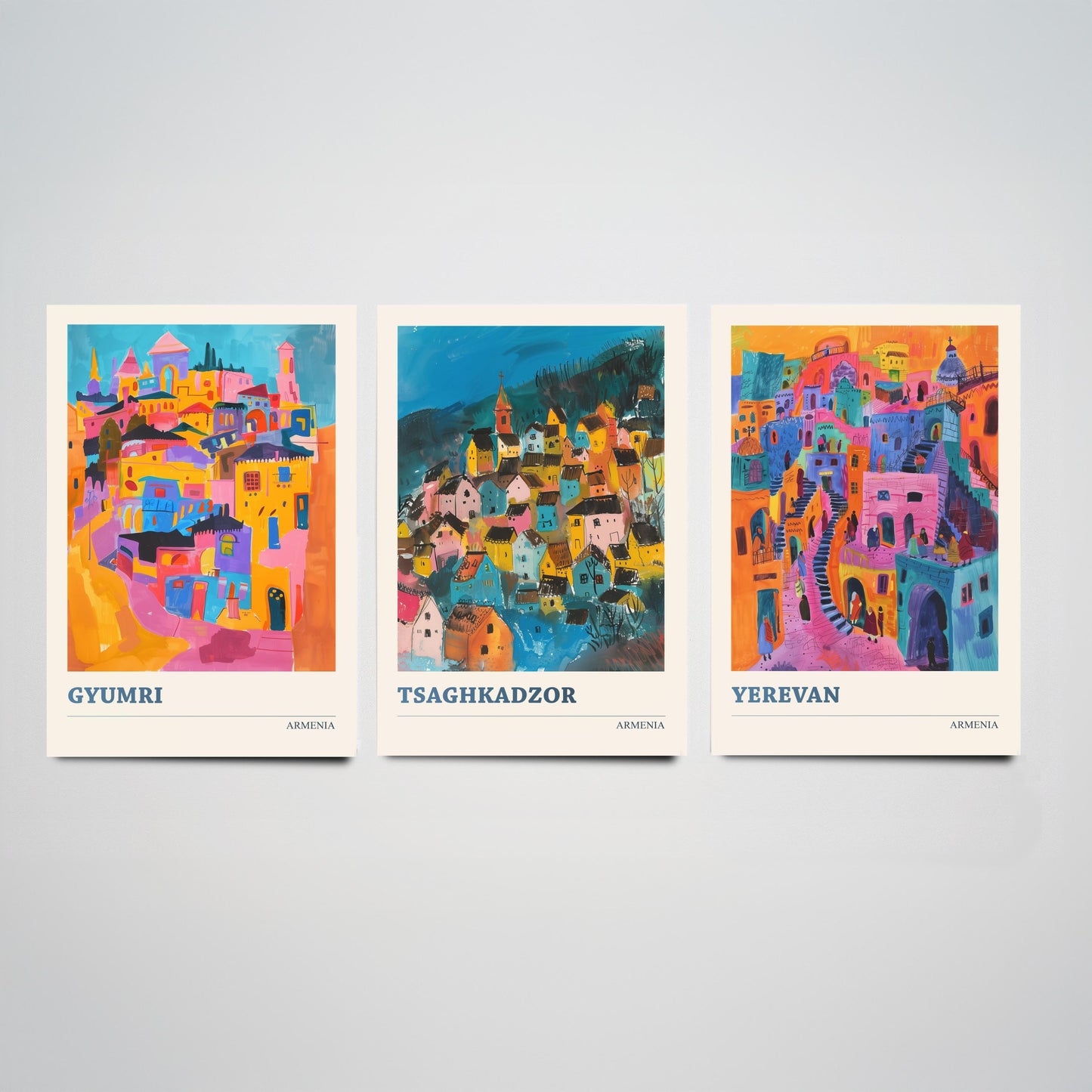 Armenia Set of Three Prints | Gyumri Tsaghkadzor Yerevan | Colourful Folk Art City Painting Posters - Caucasus Travel Wall Art