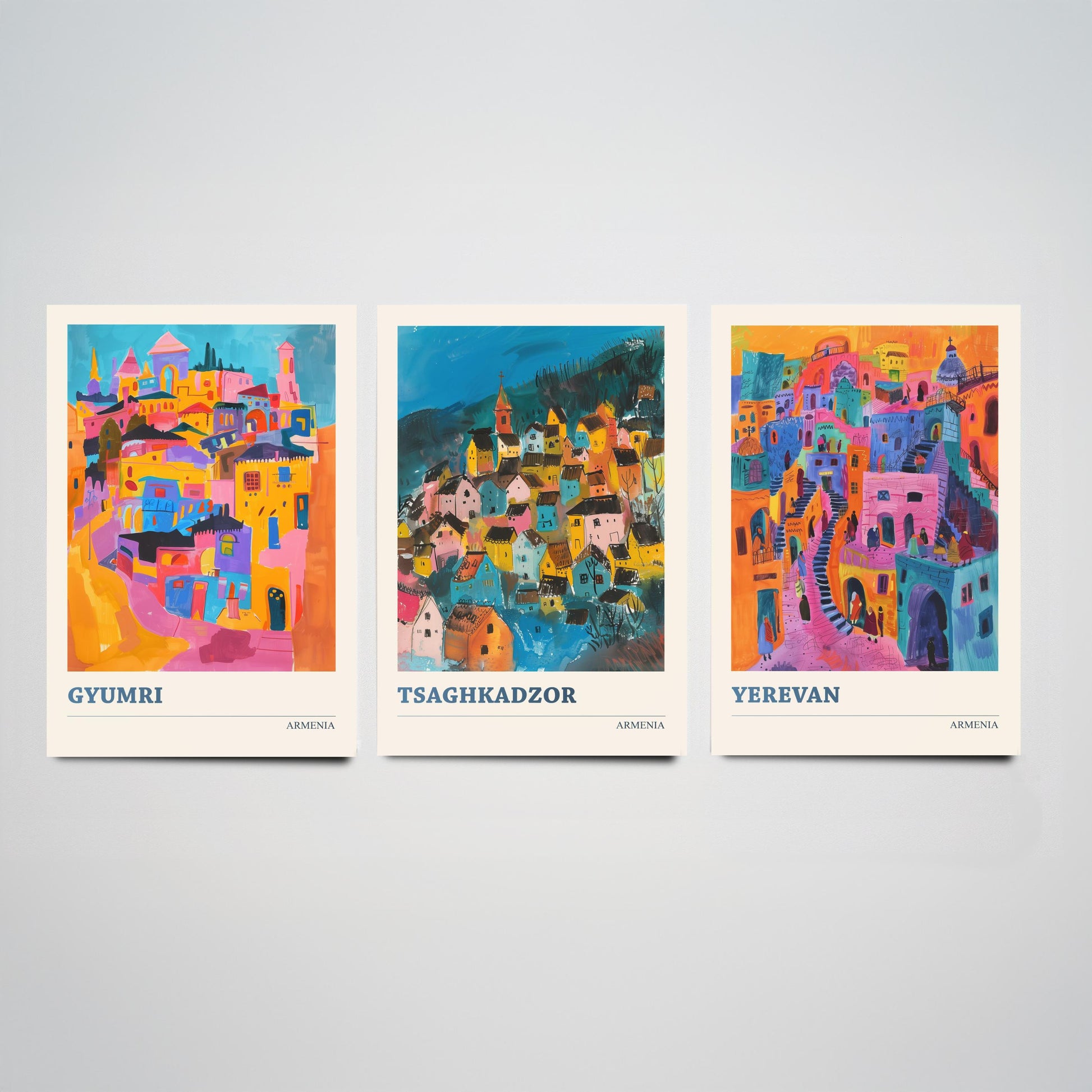 Armenia Set of Three Prints | Gyumri Tsaghkadzor Yerevan | Colourful Folk Art City Painting Posters - Caucasus Travel Wall Art