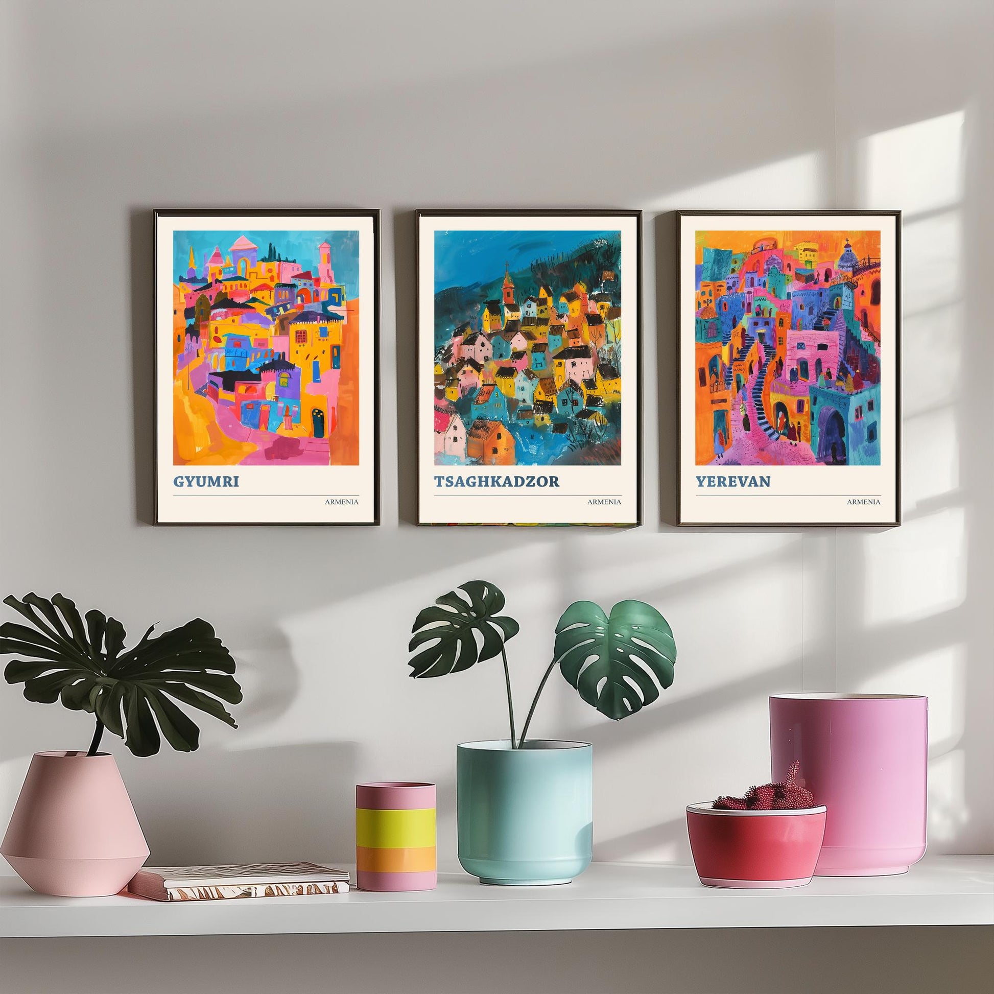 Armenia Set of Three Prints | Gyumri Tsaghkadzor Yerevan | Colourful Folk Art City Painting Posters - Caucasus Travel Wall Art