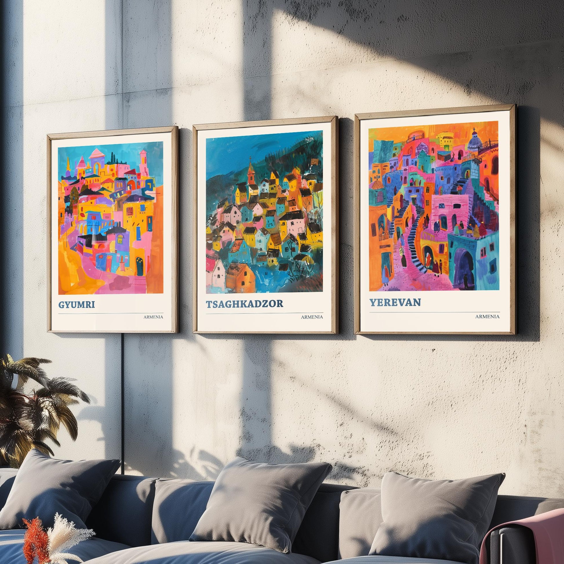 Armenia Set of Three Prints | Gyumri Tsaghkadzor Yerevan | Colourful Folk Art City Painting Posters - Caucasus Travel Wall Art