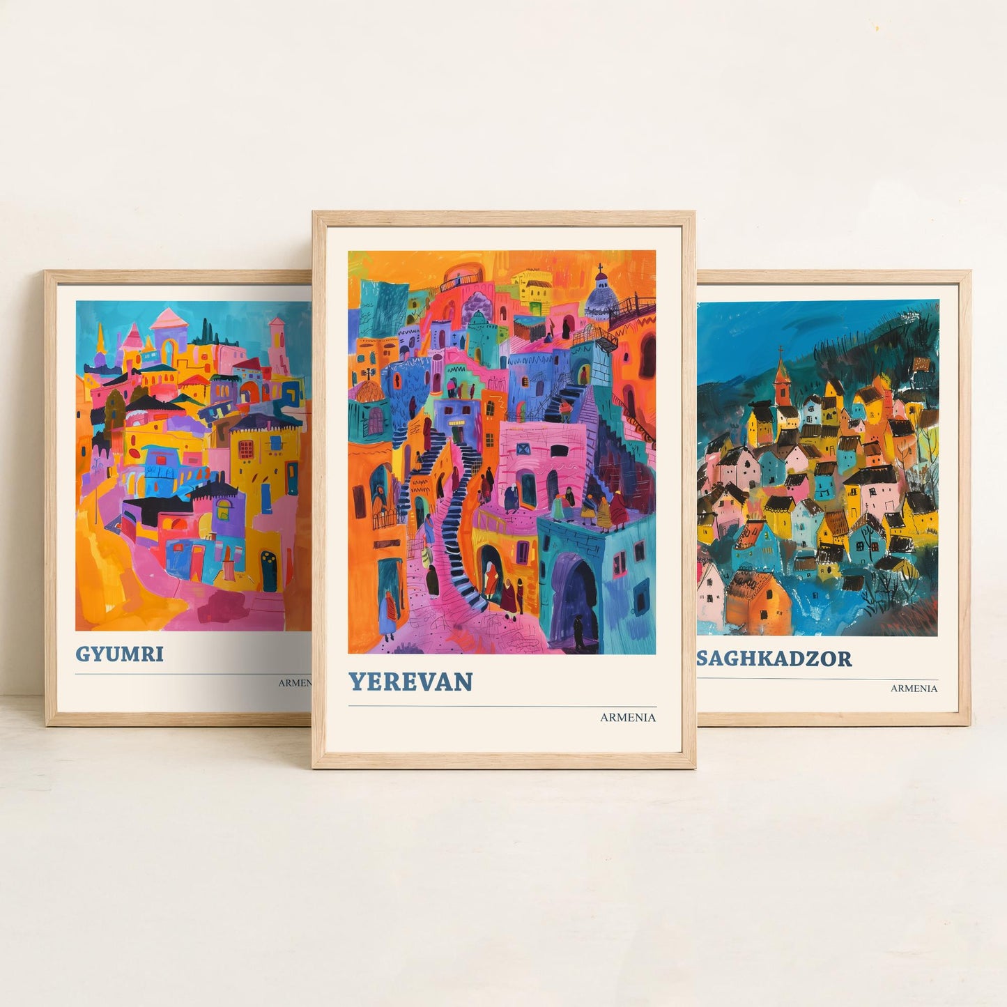 Armenia Set of Three Prints | Gyumri Tsaghkadzor Yerevan | Colourful Folk Art City Painting Posters - Caucasus Travel Wall Art