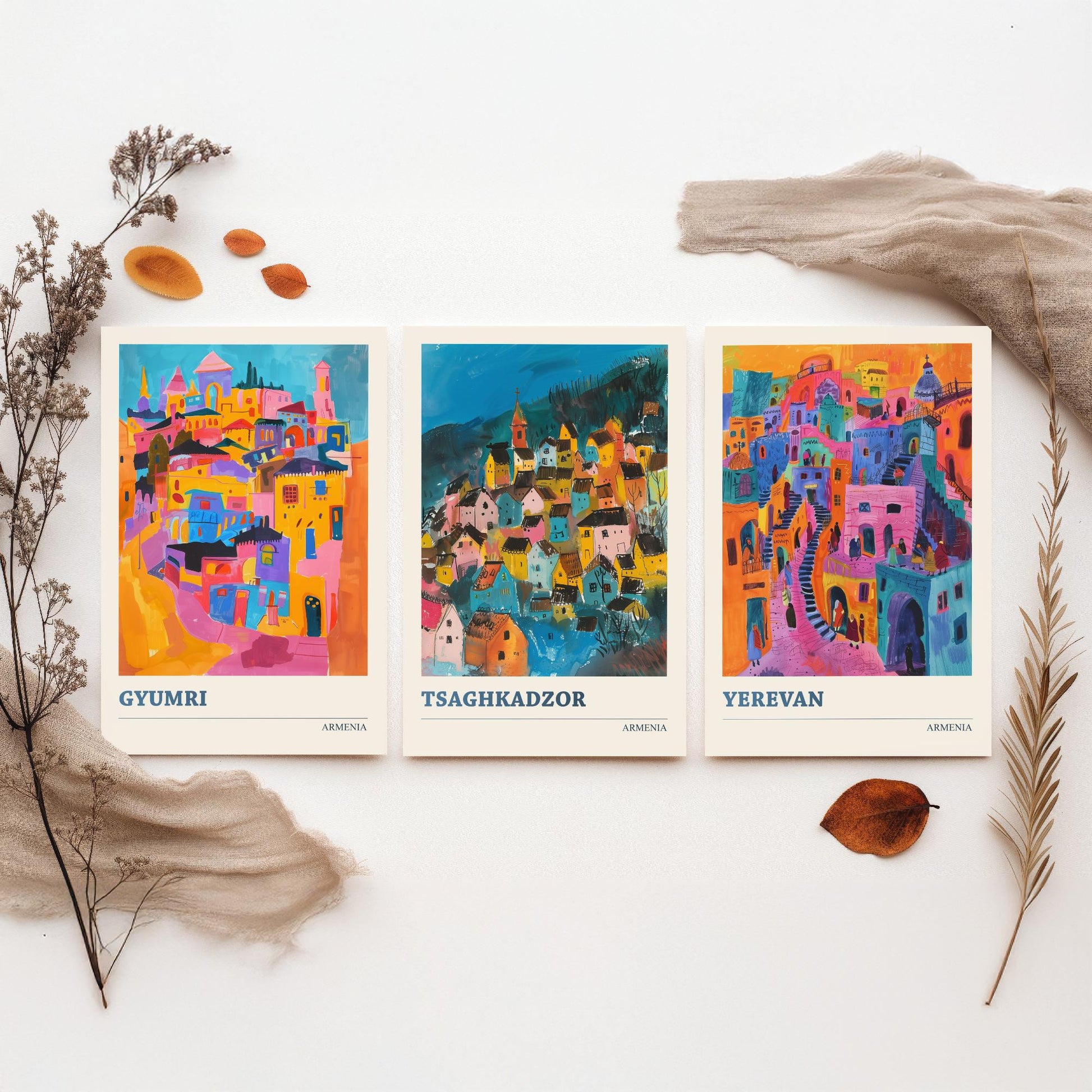 Armenia Set of Three Prints | Gyumri Tsaghkadzor Yerevan | Colourful Folk Art City Painting Posters - Caucasus Travel Wall Art