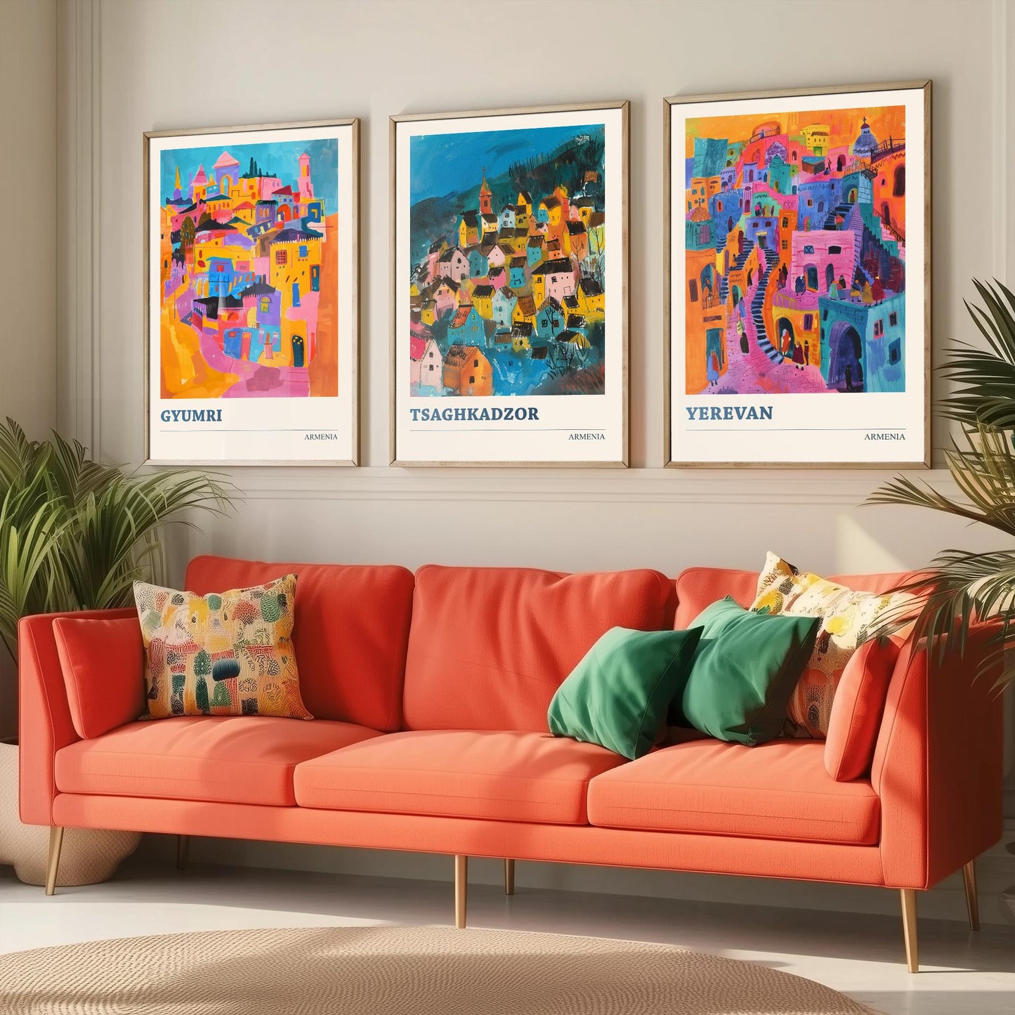 Armenia Set of Three Prints | Gyumri Tsaghkadzor Yerevan | Colourful Folk Art City Painting Posters - Caucasus Travel Wall Art