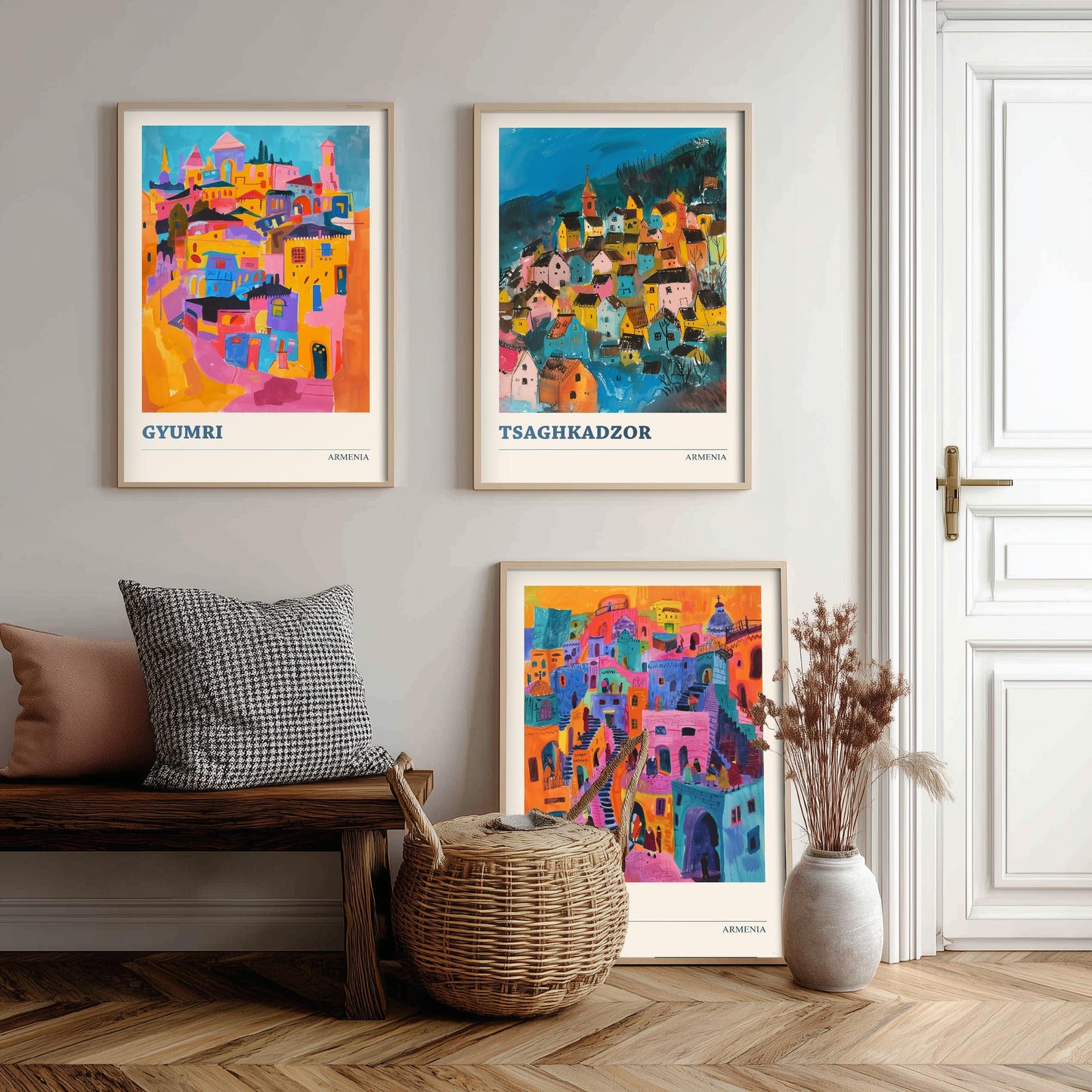 Armenia Set of Three Prints | Gyumri Tsaghkadzor Yerevan | Colourful Folk Art City Painting Posters - Caucasus Travel Wall Art