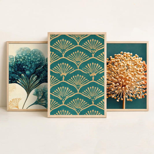 Art Deco Botanical Set of Three Art Prints - Hydrangea, Allium Seed Head, Fan Pattern - Teal and Gold Ink Poster Illustration V2