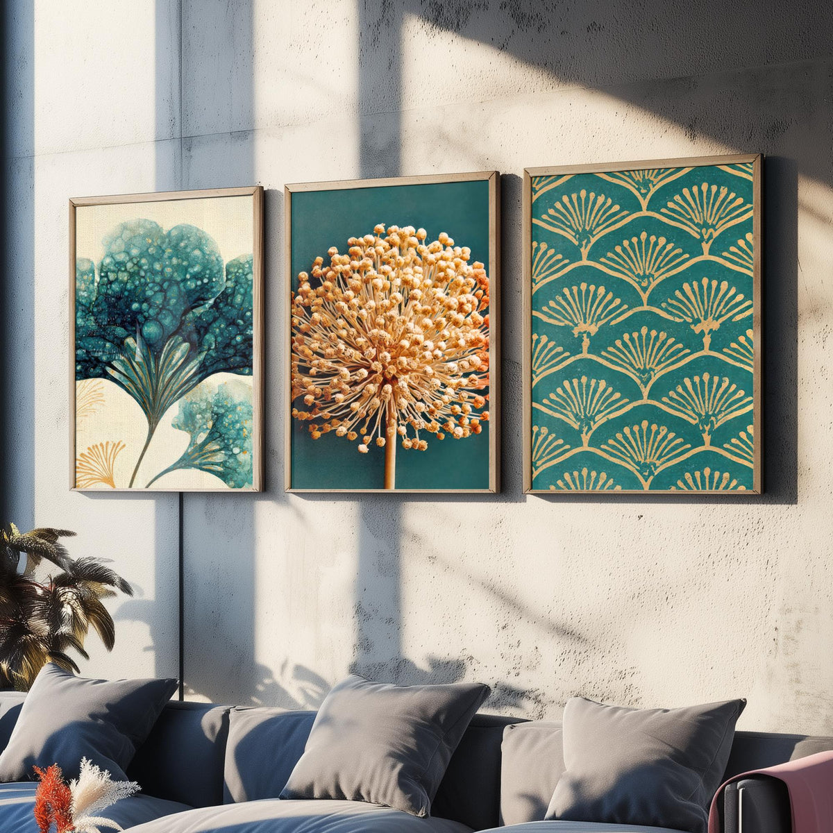 Art Deco Botanical Set of Three Art Prints - Hydrangea, Allium Seed Head, Fan Pattern - Teal and Gold Ink Poster Illustration V2