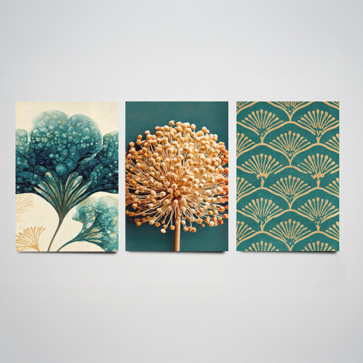 Art Deco Botanical Set of Three Art Prints - Hydrangea, Allium Seed Head, Fan Pattern - Teal and Gold Ink Poster Illustration V2