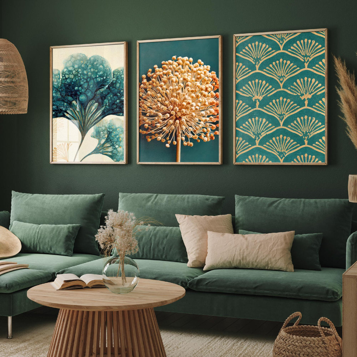 Art Deco Botanical Set of Three Art Prints - Hydrangea, Allium Seed Head, Fan Pattern - Teal and Gold Ink Poster Illustration V2