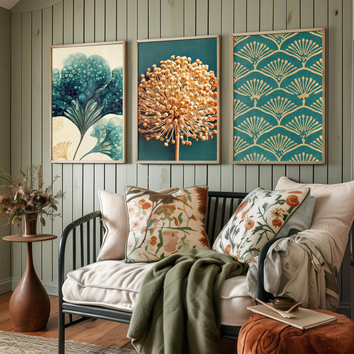 Art Deco Botanical Set of Three Art Prints - Hydrangea, Allium Seed Head, Fan Pattern - Teal and Gold Ink Poster Illustration V2