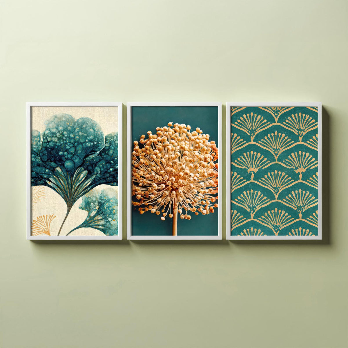 Art Deco Botanical Set of Three Art Prints - Hydrangea, Allium Seed Head, Fan Pattern - Teal and Gold Ink Poster Illustration V2