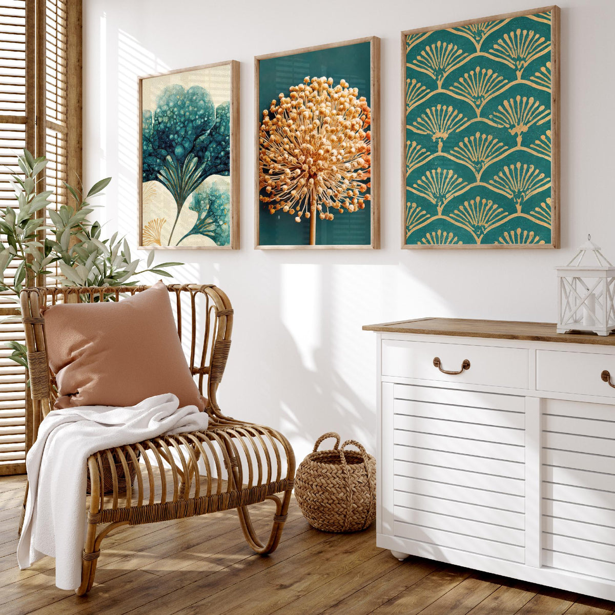 Art Deco Botanical Set of Three Art Prints - Hydrangea, Allium Seed Head, Fan Pattern - Teal and Gold Ink Poster Illustration V2