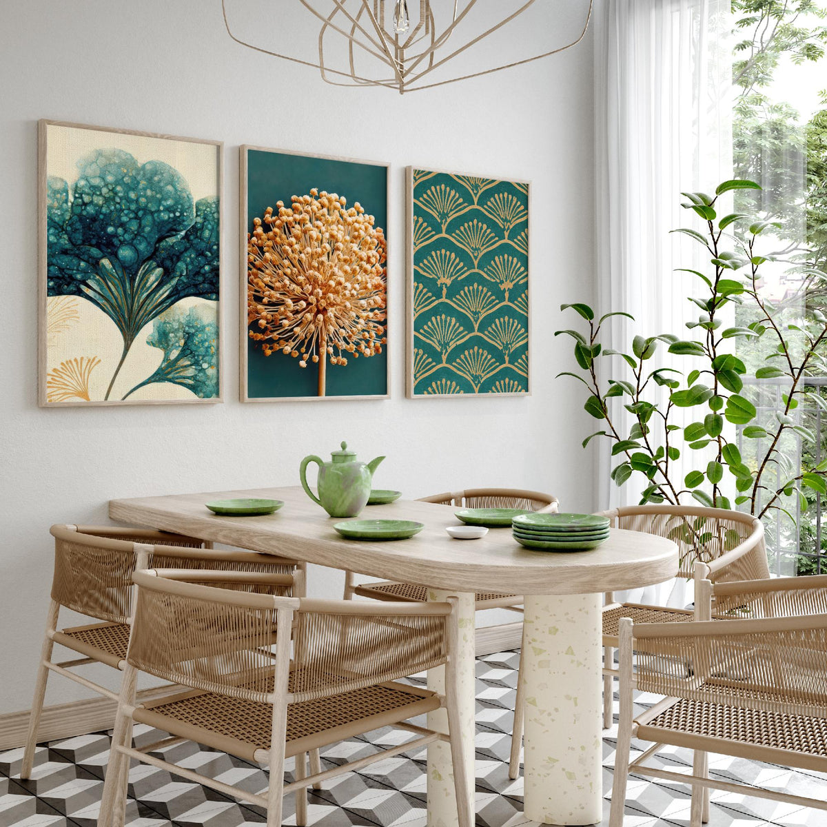 Art Deco Botanical Set of Three Art Prints - Hydrangea, Allium Seed Head, Fan Pattern - Teal and Gold Ink Poster Illustration V2