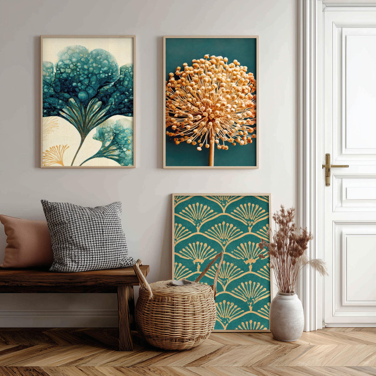 Art Deco Botanical Set of Three Art Prints - Hydrangea, Allium Seed Head, Fan Pattern - Teal and Gold Ink Poster Illustration V2