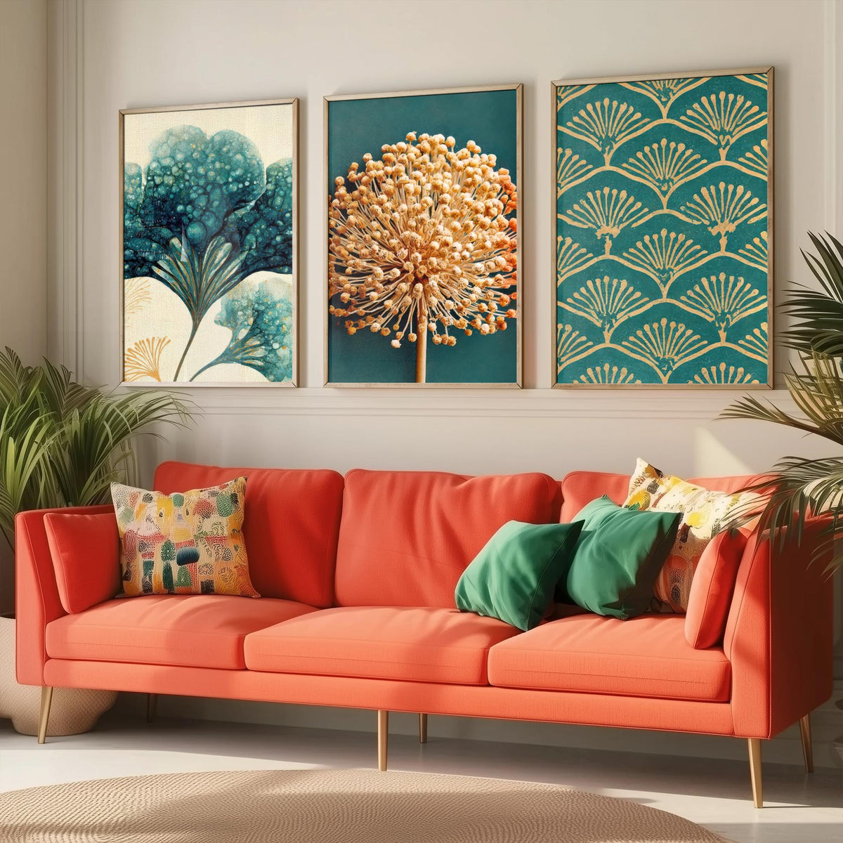 Art Deco Botanical Set of Three Art Prints - Hydrangea, Allium Seed Head, Fan Pattern - Teal and Gold Ink Poster Illustration V2