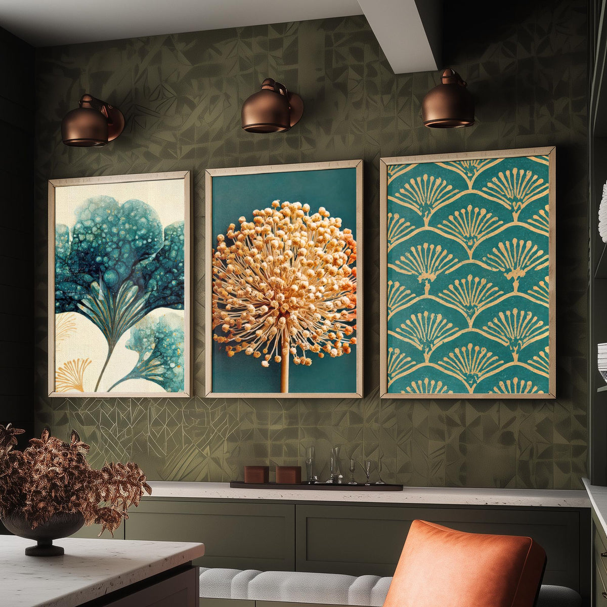 Art Deco Botanical Set of Three Art Prints - Hydrangea, Allium Seed Head, Fan Pattern - Teal and Gold Ink Poster Illustration V2