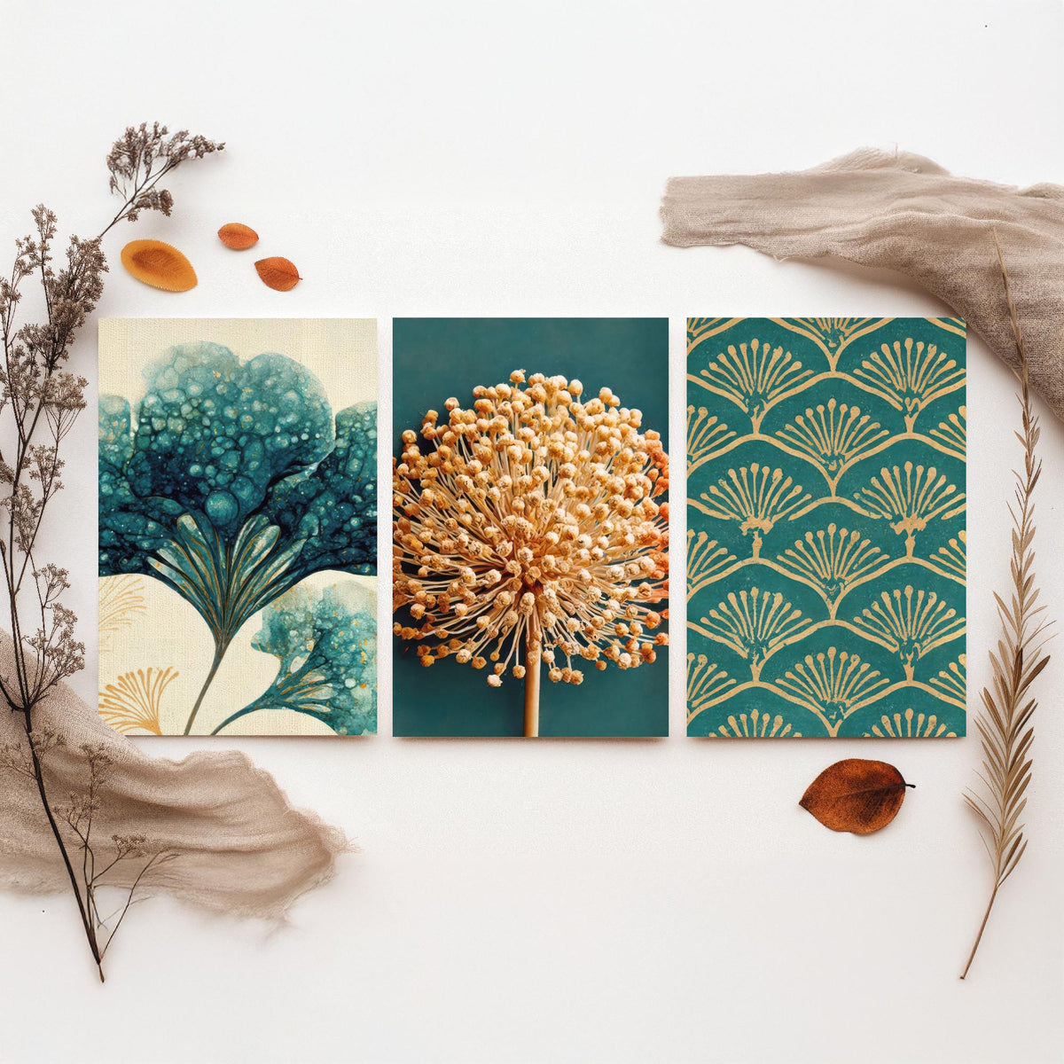 Art Deco Botanical Set of Three Art Prints - Hydrangea, Allium Seed Head, Fan Pattern - Teal and Gold Ink Poster Illustration V2