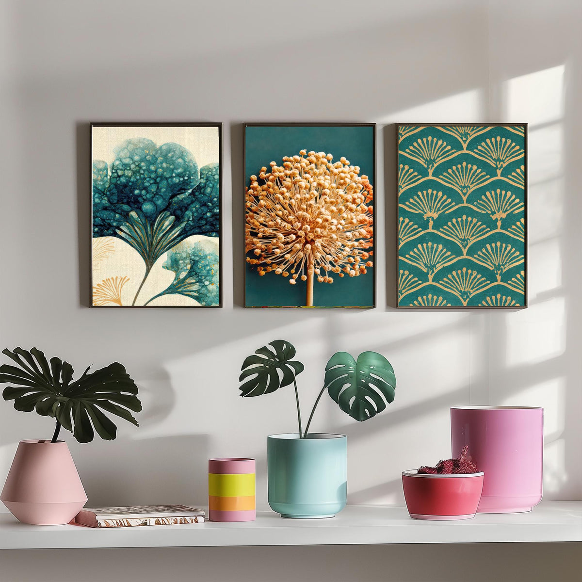 Art Deco Botanical Set of Three Art Prints - Hydrangea, Allium Seed Head, Fan Pattern - Teal and Gold Ink Poster Illustration V2