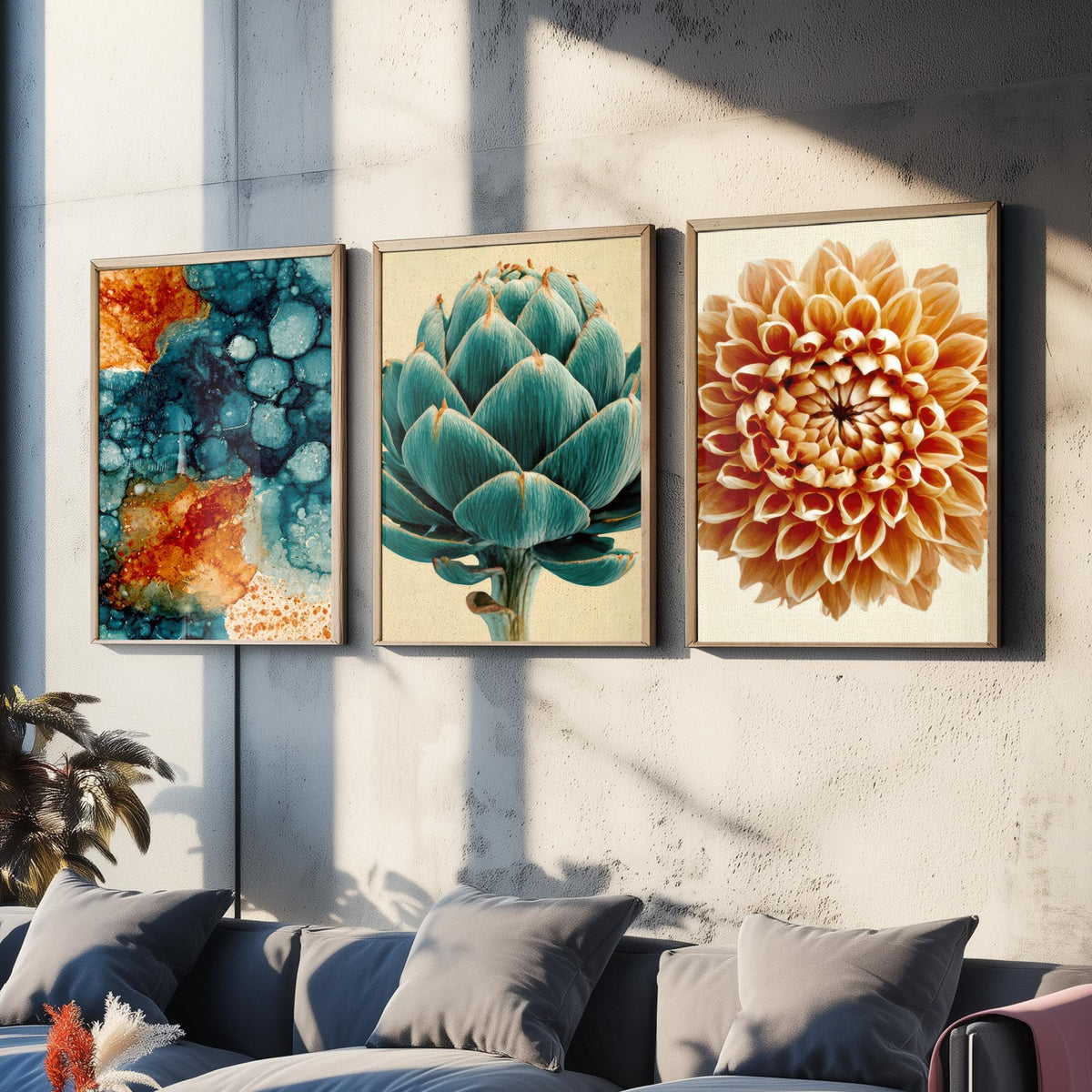 Art Deco Botanical Set of Three Art Prints - Teal Ink Abstract, Artichoke, Dahlia - Copper and Teal Poster Illustration V1