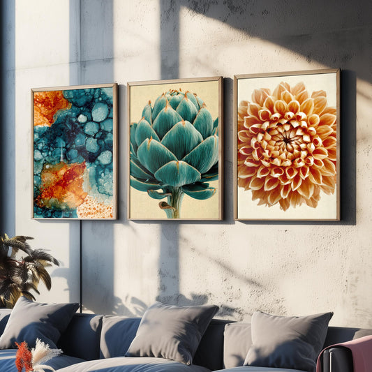 Art Deco Botanical Set of Three Art Prints - Teal Ink Abstract, Artichoke, Dahlia - Copper and Teal Poster Illustration V1