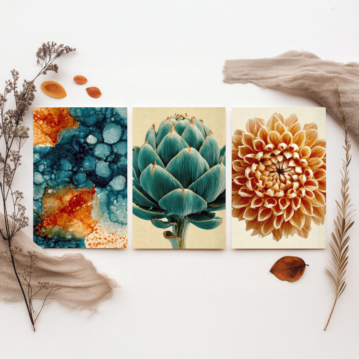Art Deco Botanical Set of Three Art Prints - Teal Ink Abstract, Artichoke, Dahlia - Copper and Teal Poster Illustration V1