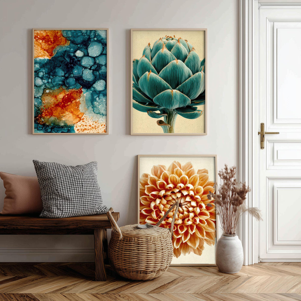 Art Deco Botanical Set of Three Art Prints - Teal Ink Abstract, Artichoke, Dahlia - Copper and Teal Poster Illustration V1