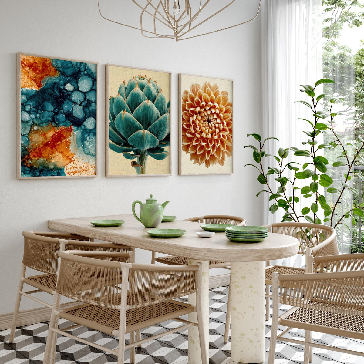 Art Deco Botanical Set of Three Art Prints - Teal Ink Abstract, Artichoke, Dahlia - Copper and Teal Poster Illustration V1