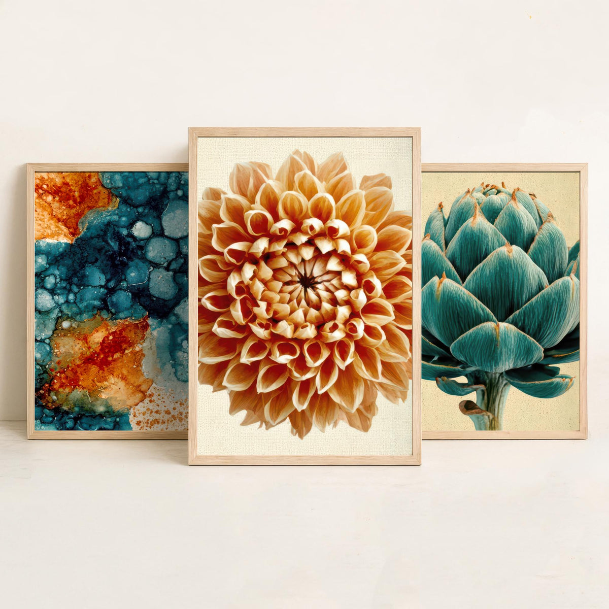 Art Deco Botanical Set of Three Art Prints - Teal Ink Abstract, Artichoke, Dahlia - Copper and Teal Poster Illustration V1