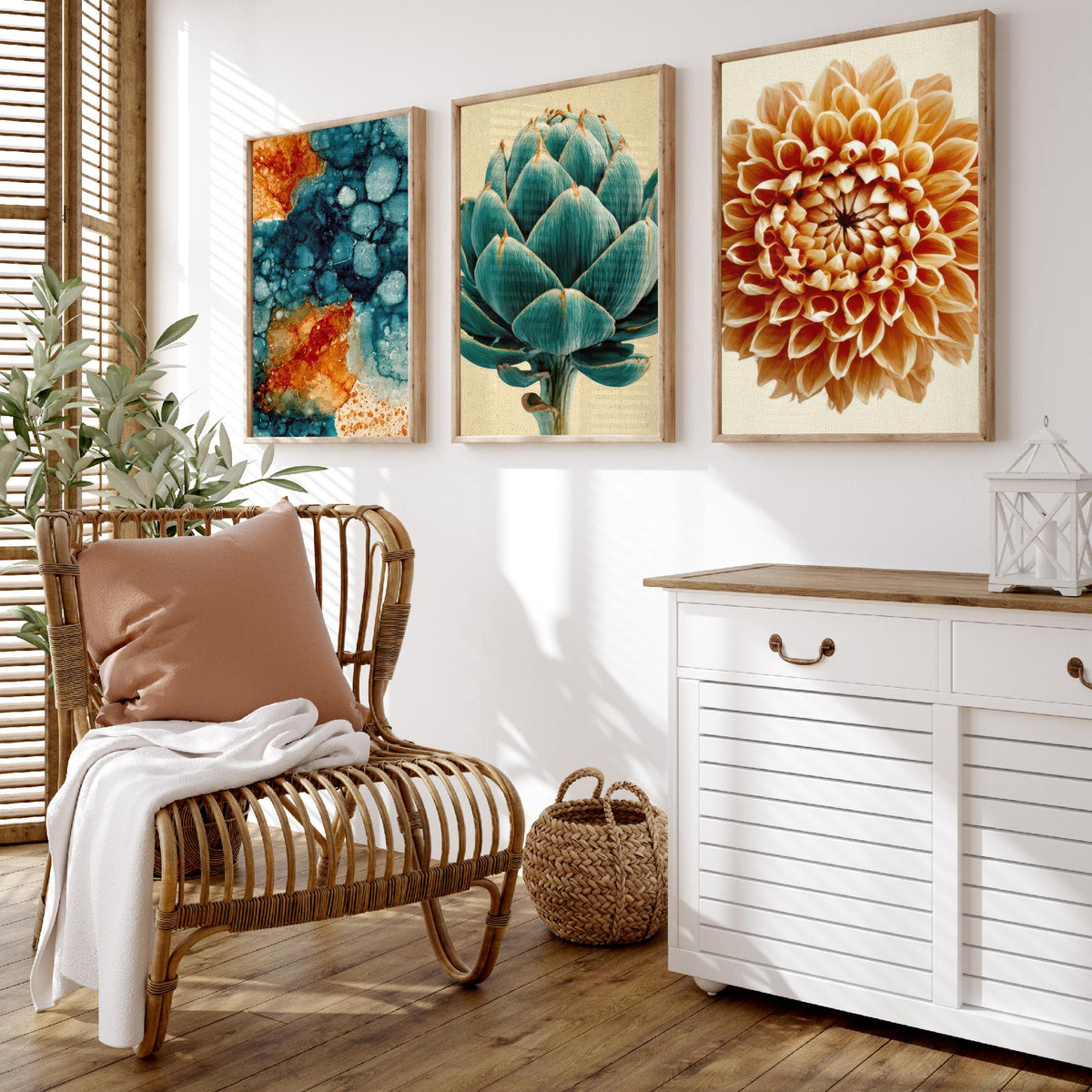 Art Deco Botanical Set of Three Art Prints - Teal Ink Abstract, Artichoke, Dahlia - Copper and Teal Poster Illustration V1