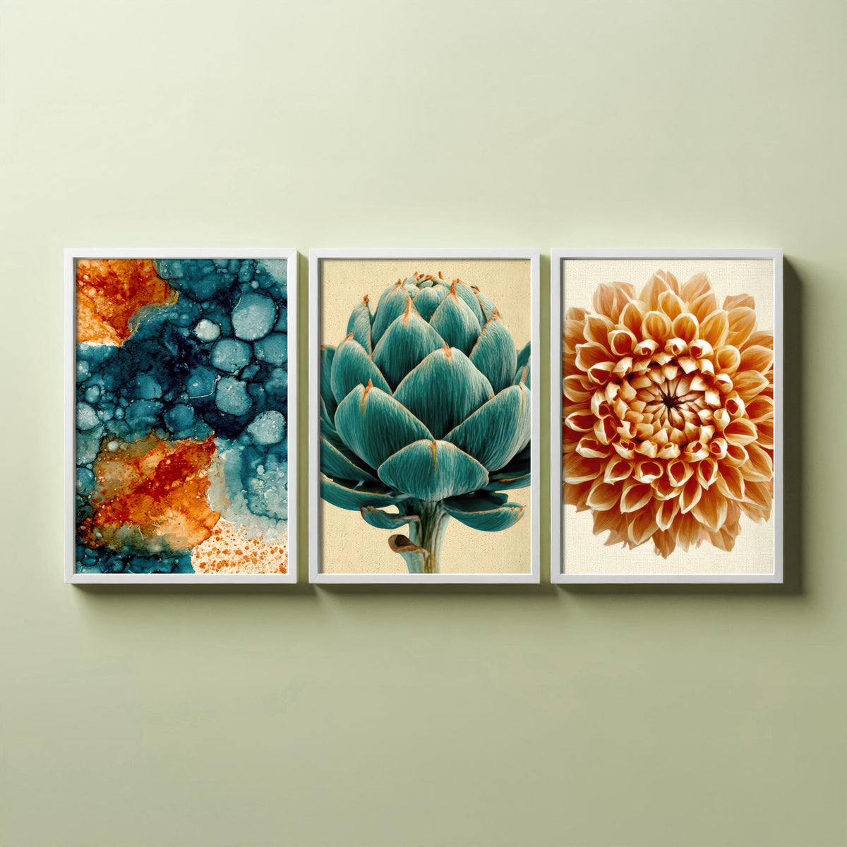 Art Deco Botanical Set of Three Art Prints - Teal Ink Abstract, Artichoke, Dahlia - Copper and Teal Poster Illustration V1